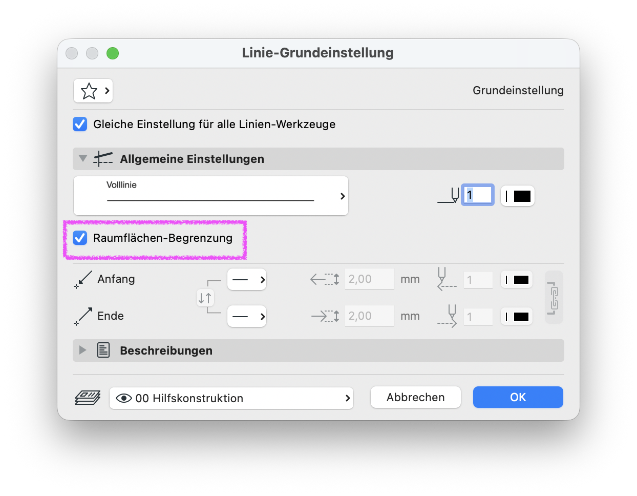 Dialog Linie‑Grundeinstellung, in dem unter Allgemeine Einstellungen die Option Raumflächen‑Begrenzung aktiviert ist und damit diese Linie als Begrenzung für Raumflächen definiert wird.