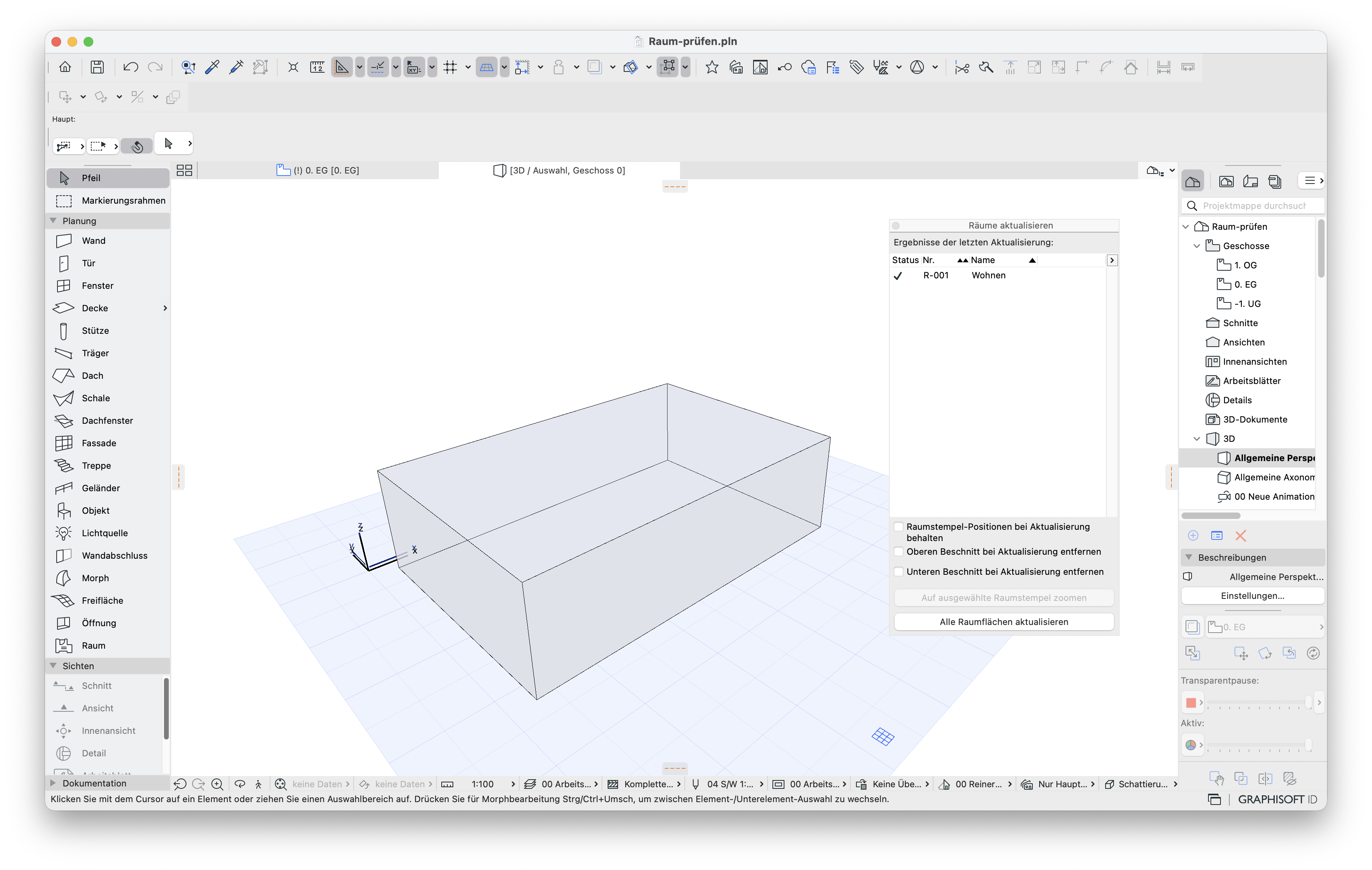 3D‑Ansicht eines einfachen geschlossenen Raumvolumens mit aktivem Werkzeug Raum in der Werkzeugpalette links, rechts daneben das Palettenfenster Räume aktualisieren mit einem Eintrag R‑001 Wohnen und der Schaltfläche Alle Raumflächen aktualisieren am unteren Rand.