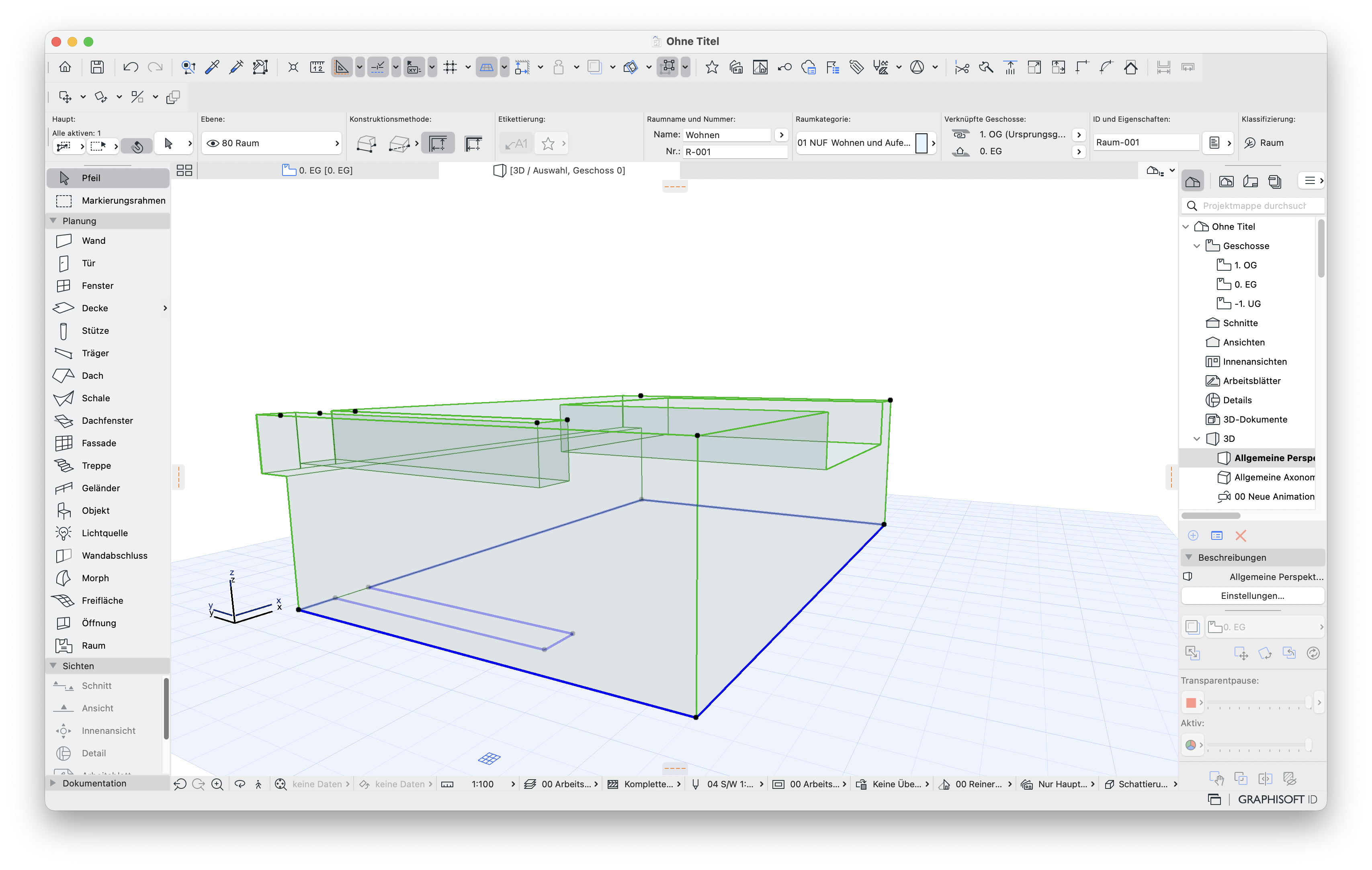3D‑Ansicht der Raumgeometrie Wohnen mit transparent dargestelltem Raumkörper.