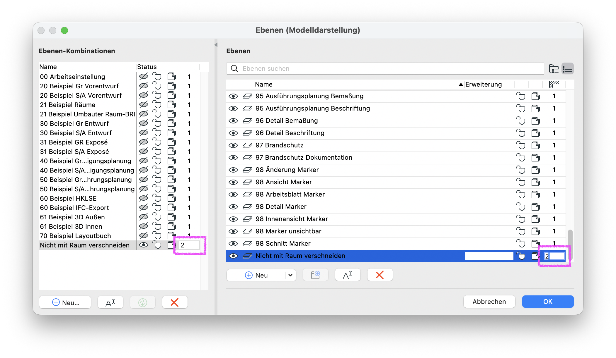 Dialog&nbsp;Ebenen (Modelldarstellung)&nbsp;mit zwei Spalten, in dem links die Ebenen‑Kombination&nbsp;Nicht mit Raum verschneiden&nbsp;und rechts die Ebene gleichen Namens markiert sind, wobei in beiden Spalten die Ebenenverschneidungszahl&nbsp;2&nbsp;für diese Kombination bzw. Ebene hervorgehoben wurde.