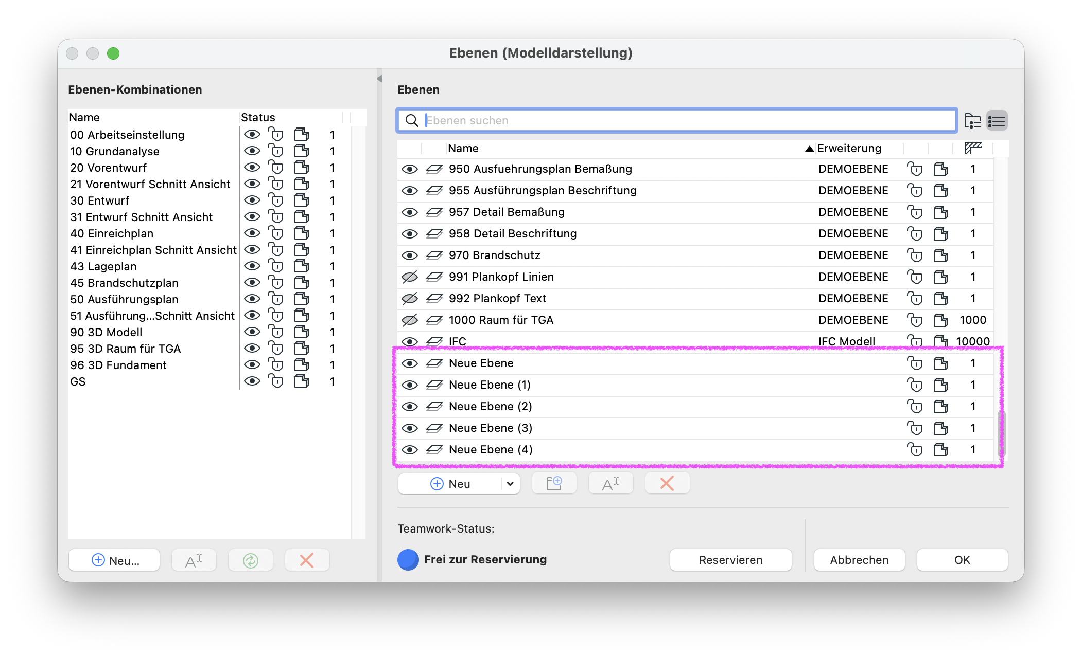 Dialog&nbsp;Ebenen (Modelldarstellung)&nbsp;mit der Liste der Ebenen‑Kombinationen links und der Ebenenliste rechts, in der die neu erzeugte Ebenen mit den Namen&nbsp;Neue Ebene&nbsp;sowie&nbsp;Neue Ebene (1)&nbsp;bis&nbsp;Neue Ebene (4)&nbsp;gruppiert markiert, aber nicht mehr unterstrichen sind.