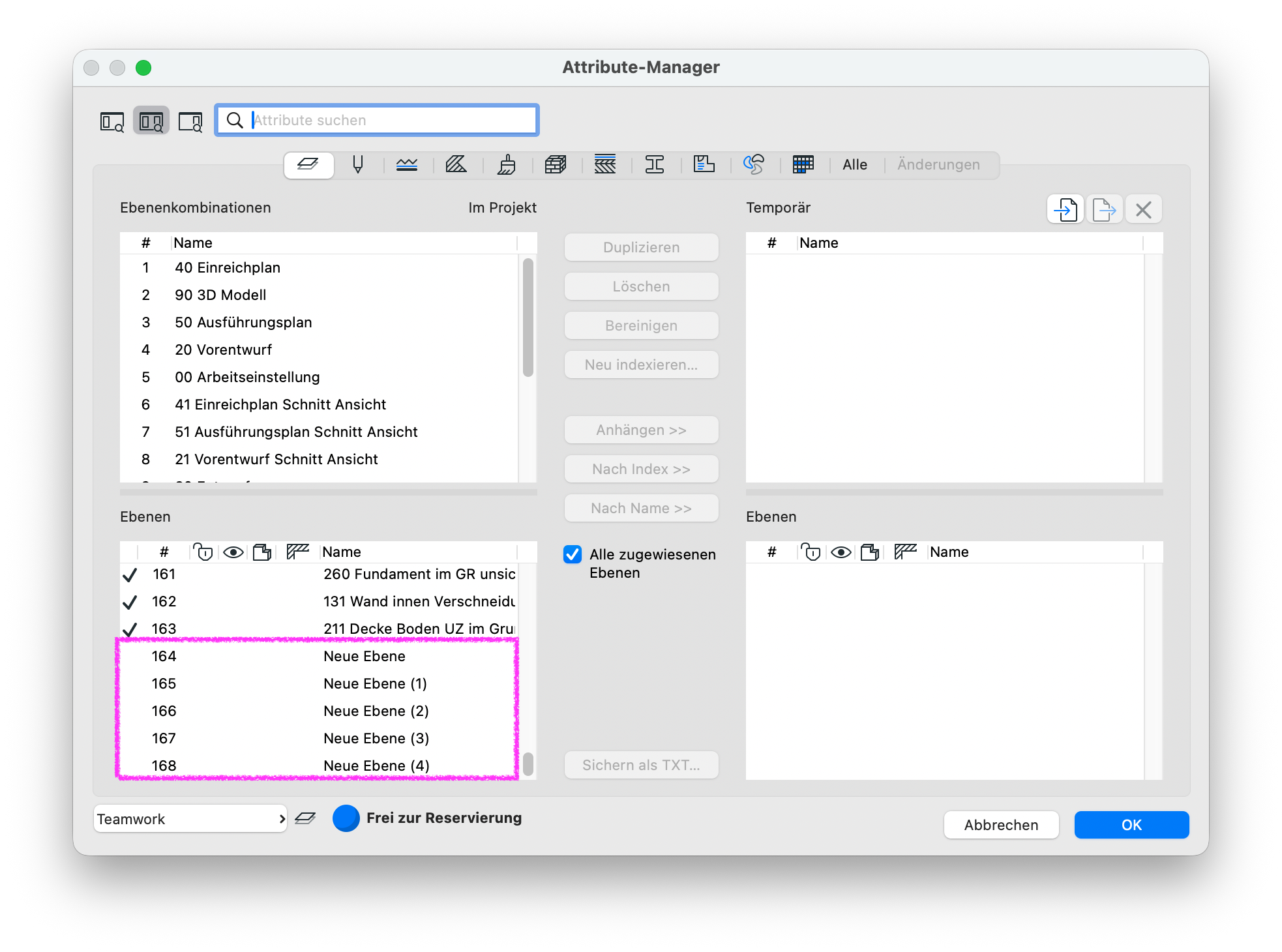 Dialog&nbsp;Attribute‑Manager&nbsp;im Register für Ebenen, links eine Liste der Ebenen‑Kombinationen, darunter die Ebenen des Projekts, in der mehrere neu angelegte Ebenen mit den Namen&nbsp;Neue Ebene&nbsp;sowie&nbsp;Neue Ebene (1)&nbsp;bis&nbsp;Neue Ebene (4)&nbsp;hervorgehoben sind, aber nicht mehr unterstrichen sind.