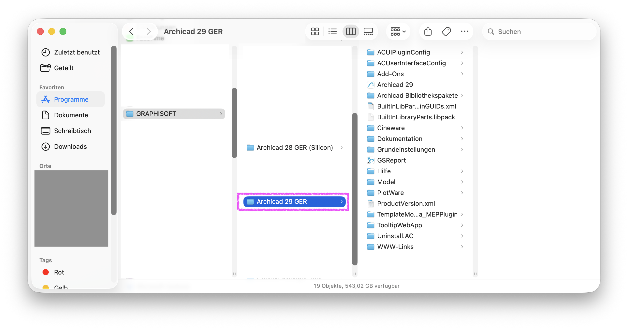 Der Screenshot zeigt im macOS‑Finder den Ordnerpfad im Programmverzeichnis&nbsp;GRAPHISOFT den geöffneten Ordner&nbsp;Archicad 29 GER und enhält nicht den Unterordner&nbsp;Archicad Migrationsbibliotheken&nbsp;mit mehreren Versionsordnern.