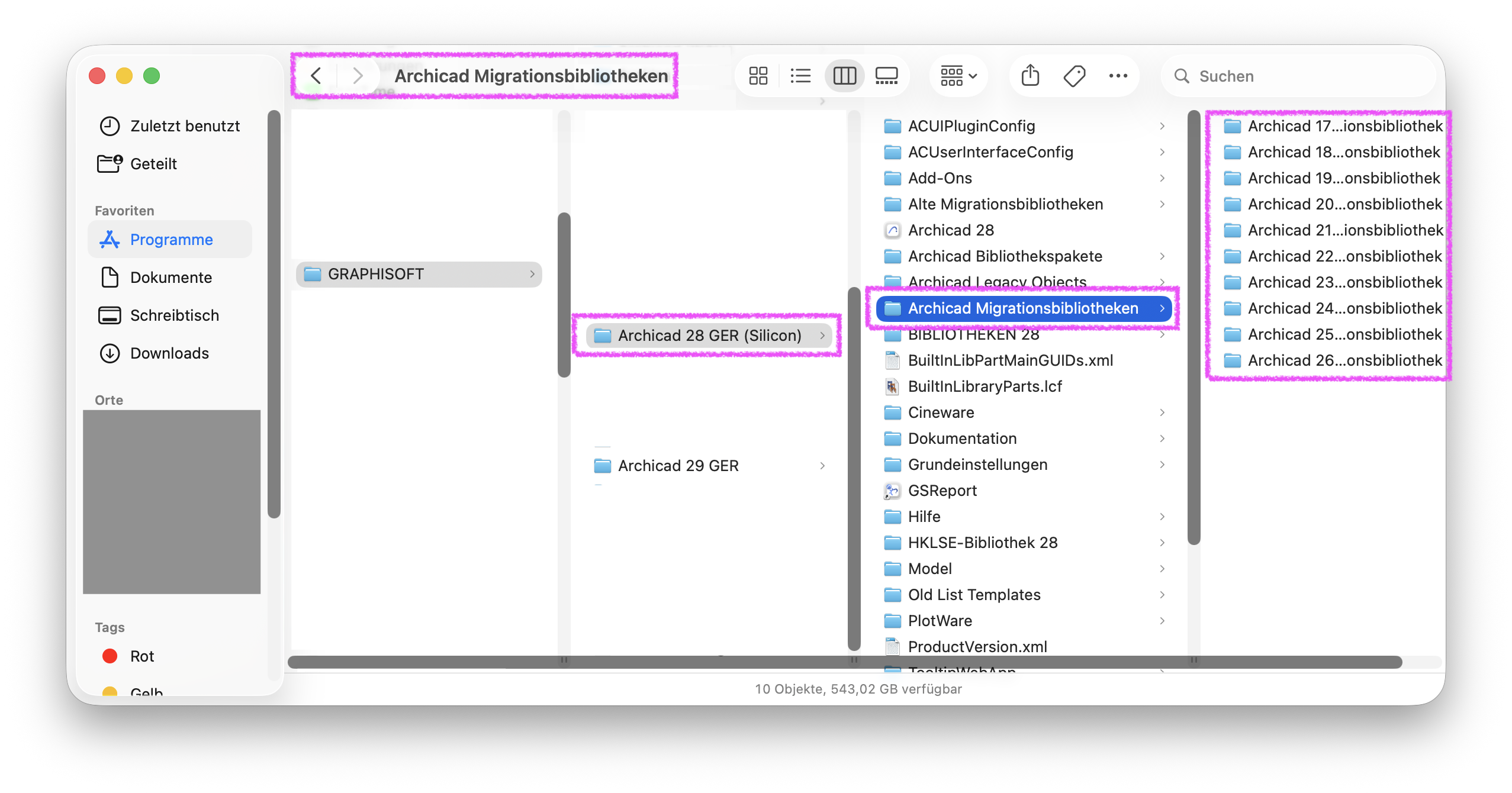 Der Screenshot zeigt im macOS‑Finder den Ordnerpfad im Programmverzeichnis&nbsp;GRAPHISOFT den geöffneten Ordner&nbsp;Archicad 28 GER (Silicon)&nbsp;und darin dem Unterordner&nbsp;Archicad Migrationsbibliotheken&nbsp;mit mehreren Versionsordnern.