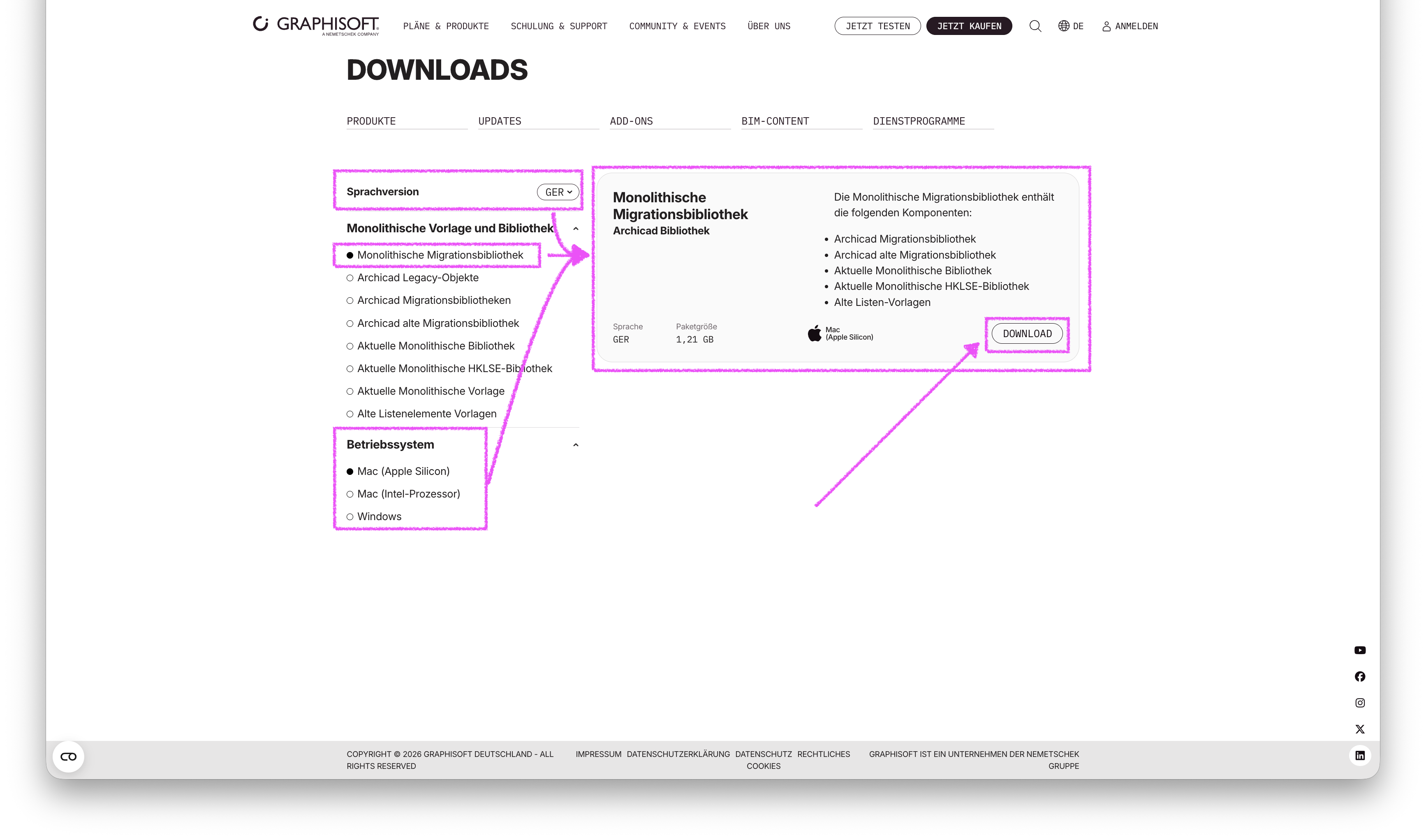 Screenshot der GRAPHISOFT‑Webseite DOWNLOADS, auf der im Bereich Monolithische Vorlage und Bibliothek die Option Monolithische Migrationsbibliothek für die Sprachversion GER sowie als Betriebssystem Mac (Apple Silicon) ausgewählt ist, rechts daneben eine Detailbox mit Beschreibung der Bibliothek und einem hervorgehobenen DOWNLOAD‑Button.