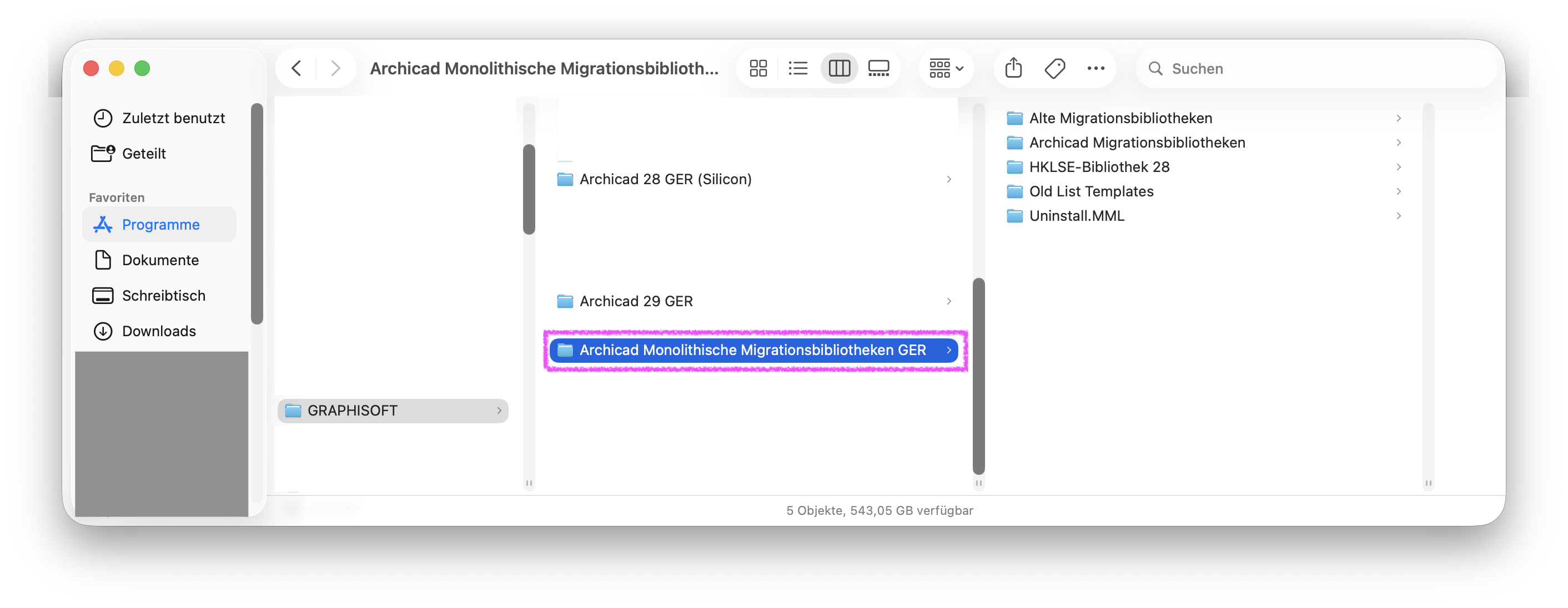 Finder‑Fenster im Ordner GRAPHISOFT unter Programme, in dem neben den Installationsordnern Archicad 28 GER (Silicon) und Archicad 29 GER der neu hinzugefügte Ordner Archicad Monolithische Migrationsbibliotheken GER markiert ist.