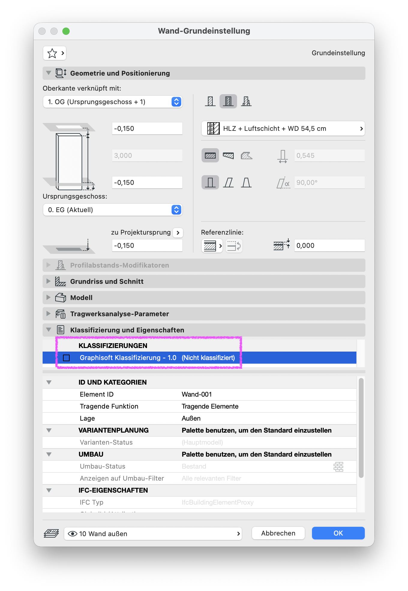Dialog Wand‑Grundeinstellung mit geöffnetem Bereich Klassifizierung und Eigenschaften, in dem unter KLASSIFIZIERUNGEN die Option Graphisoft Klassifizierung – 1.0 (Nicht klassifiziert) angezeigt und hervorgehoben ist.