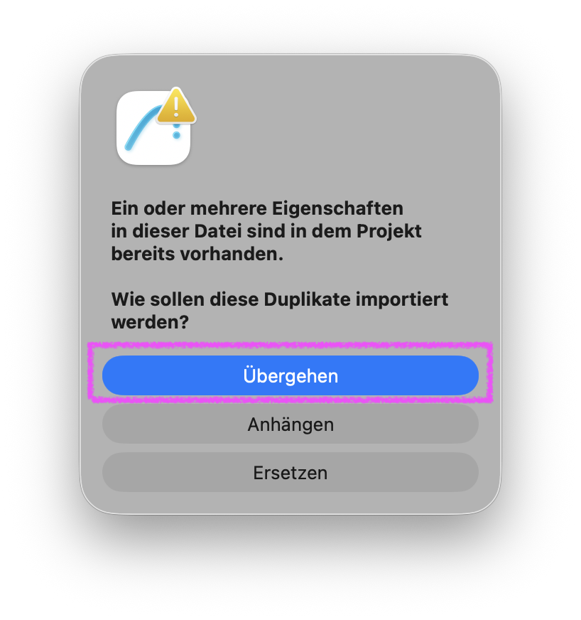 Hinweisdialog mit Warnsymbol, der meldet, dass in der zu importierenden Datei ein oder mehrere Eigenschaften bereits im Projekt vorhanden sind, und drei Optionen zur Behandlung der Duplikate anbietet: aktiv Übergehen sowie darunter Anhängen und Ersetzen.