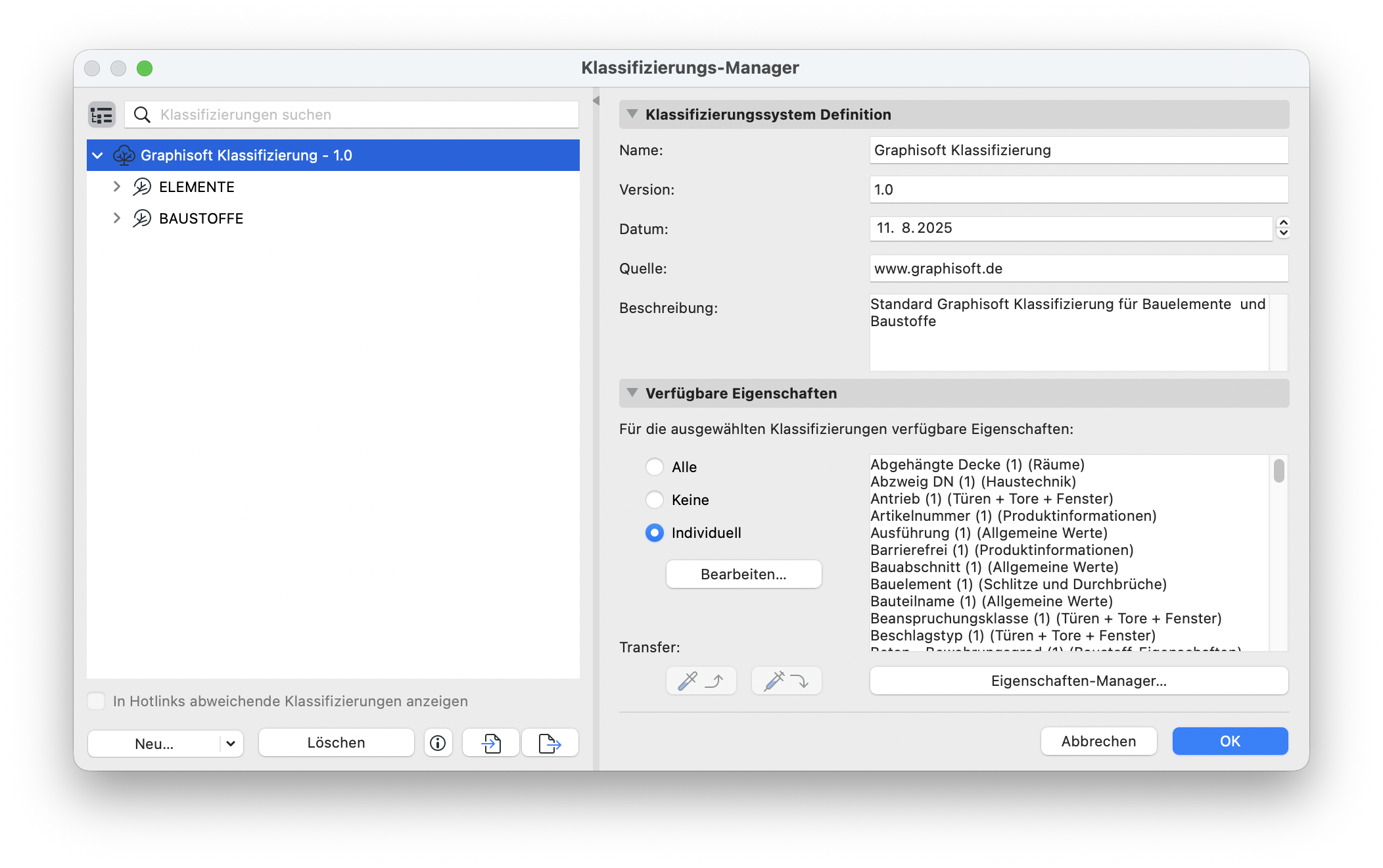 Dialog Klassifizierungs‑Manager mit ausgewähltem System Graphisoft Klassifizierung – 1.0 in der linken Baumstruktur, darunter die Hauptgruppen ELEMENTE und BAUSTOFFE, rechts die Systemdefinition mit Name, Version, Datum, Quelle und Beschreibung sowie der Bereich Verfügbare Eigenschaften mit der Auswahl Individuell und der Liste der zugeordneten Eigenschaften.