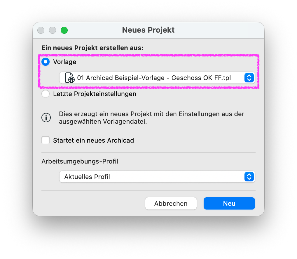 Dialog Neues Projekt, in dem als Option Ein neues Projekt erstellen aus: Vorlage aktiv ist und im Vorlagenfeld die Datei 01 Archicad Beispiel‑Vorlage – Geschoss OK FF.tpl ausgewählt wurde.