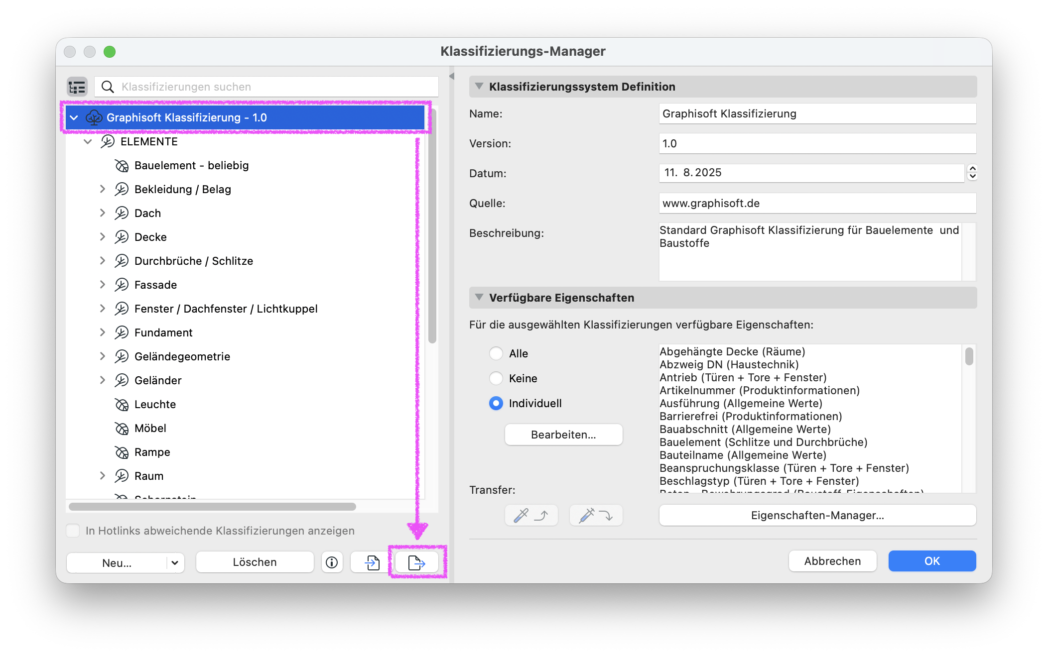 Dialog&nbsp;Klassifizierungs‑Manager&nbsp;mit dem ausgewählten Klassifizierungssystem&nbsp;Graphisoft Klassifizierung – 1.0&nbsp;in der linken Baumstruktur, rechts dessen Definition mit Name, Version&nbsp;1.0&nbsp;und Datum, darunter eine Liste verfügbarer Eigenschaften sowie unten die Schaltflächen für den Export von Klassifizierungen.