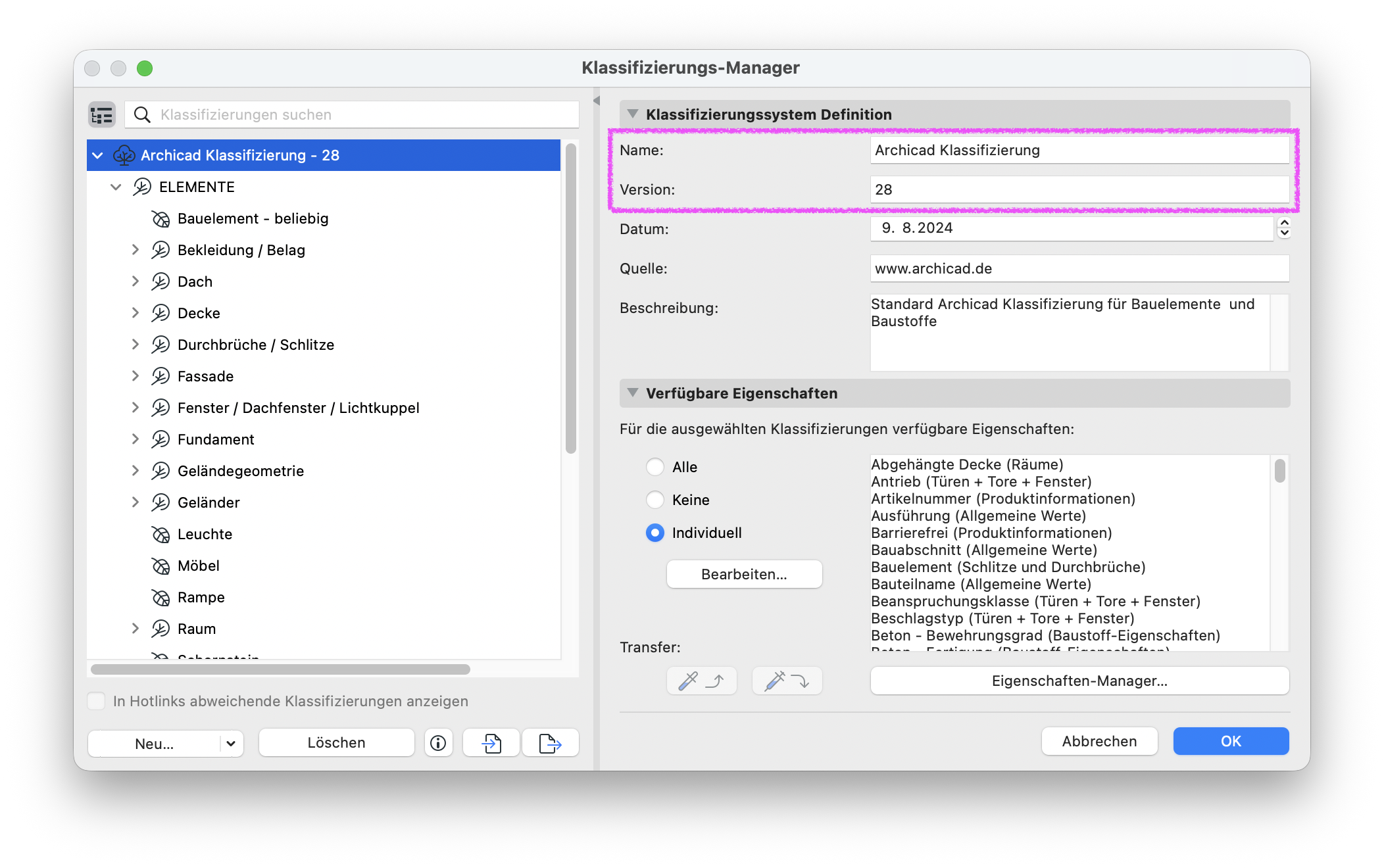 Dialog Klassifizierungs‑Manager mit ausgewähltem System ArchiCAD Klassifizierung – 28 in der linken Baumstruktur, rechts die Systemdefinition mit den Feldern Name: Archicad Klassifizierung und Version: 28 sowie der Datum‑ und Quellenangabe und darunter die Liste der verfügbaren Eigenschaften.