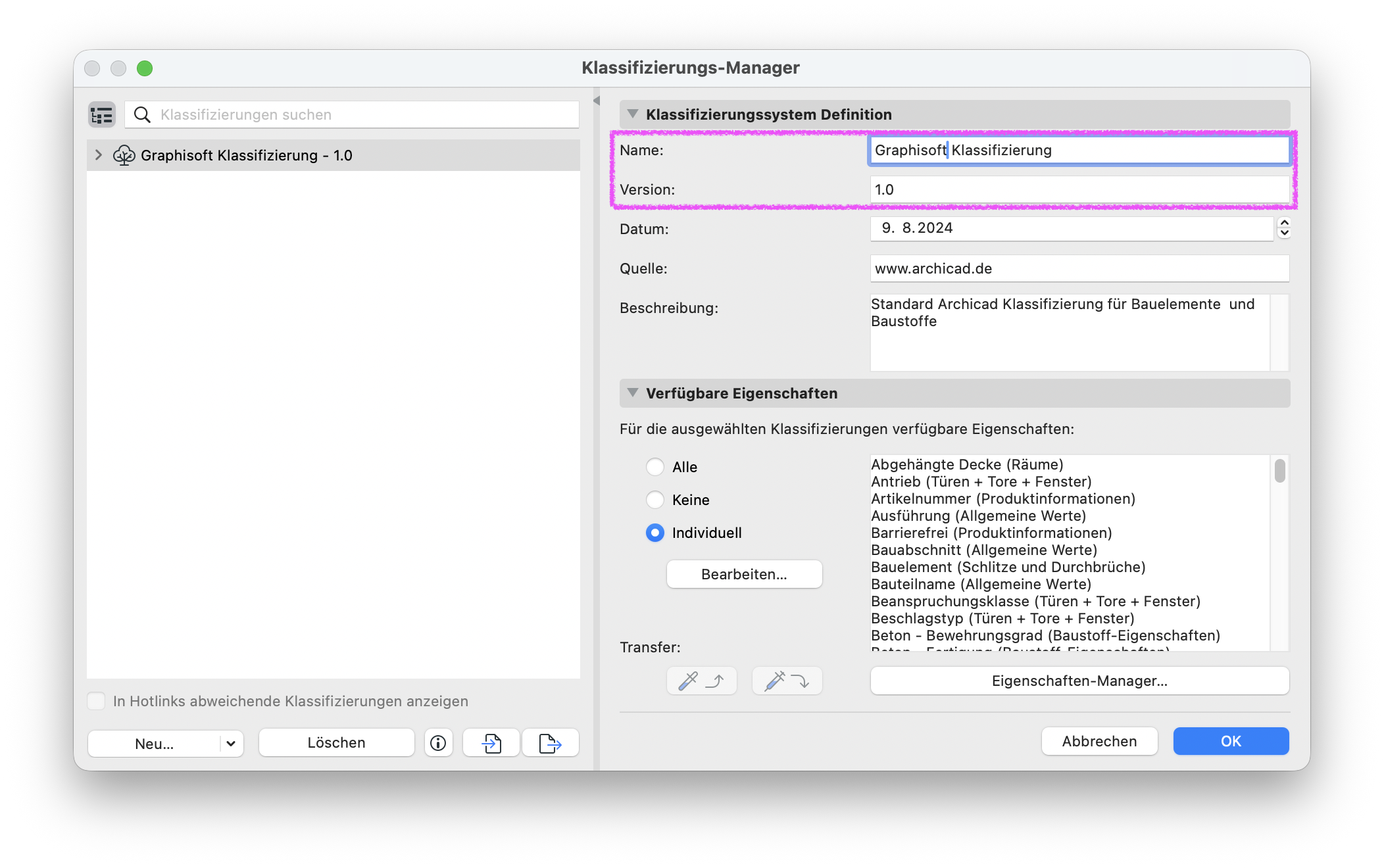 Dialog&nbsp;Klassifizierungs‑Manager&nbsp;mit dem System&nbsp;Graphisoft Klassifizierung – 1.0&nbsp;in der linken Liste, rechts die Systemdefinition mit den Feldern&nbsp;Name: Graphisoft Klassifizierung&nbsp;und&nbsp;Version: 1.0&nbsp;sowie Datum, Quelle und Beschreibung.