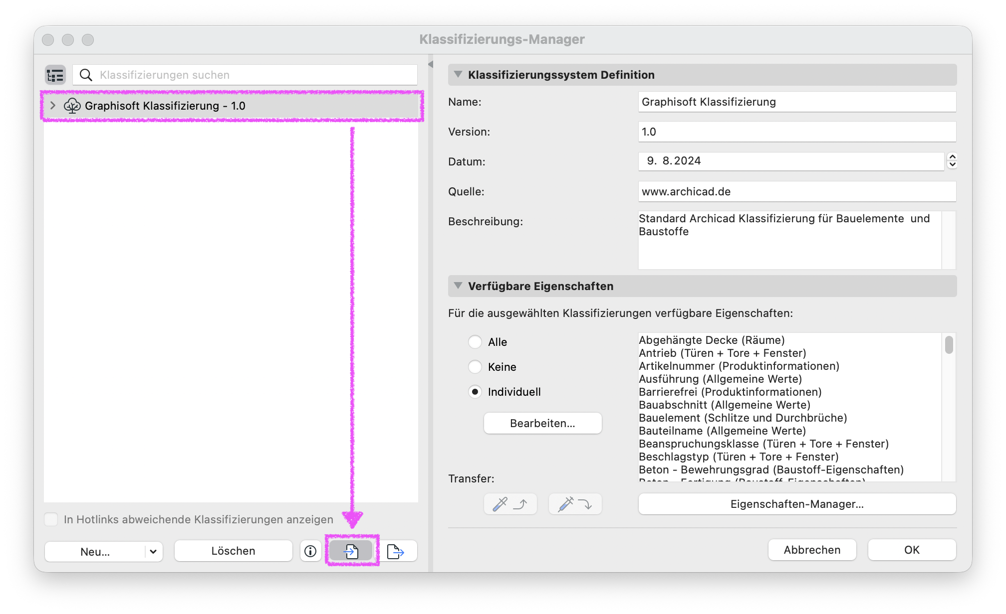 Dialog&nbsp;Klassifizierungs‑Manager&nbsp;mit dem eingeklappt angezeigten System&nbsp;Graphisoft Klassifizierung – 1.0&nbsp;in der linken Liste, rechts dessen Definition mit Name, Version&nbsp;1.0, Datum, Quelle und Beschreibung sowie darunter die Einstellungen für verfügbare Eigenschaften und Import-Schaltfläche.