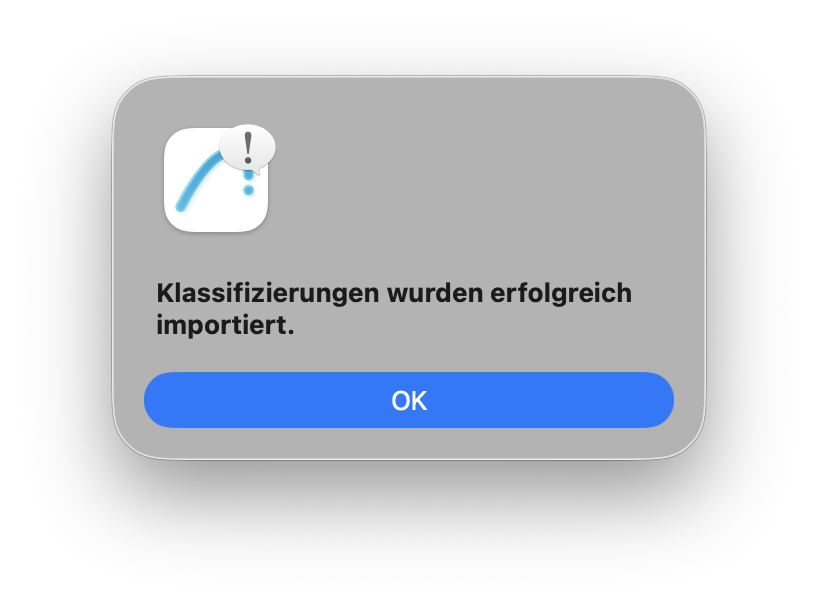Hinweisdialog mit Archicad‑Symbol, der bestätigt, dass Klassifizierungen wurden erfolgreich importiert, darunter eine große blaue Schaltfläche OK.