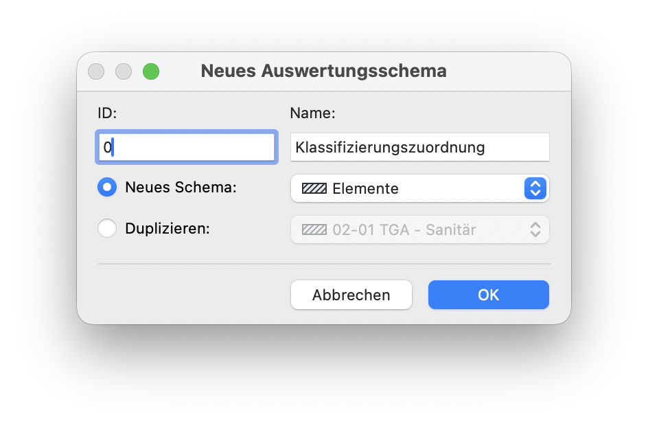 Dialog Neues Auswertungsschema mit Eingabefeld ID, in dem der Wert 0 beginnt, daneben das Feld Name: Klassifizierungszuordnung, darunter die aktivierte Option Neues Schema mit der Schema‑Gruppe Elemente sowie die alternative Option Duplizieren und unten die Schaltflächen Abbrechen und OK.