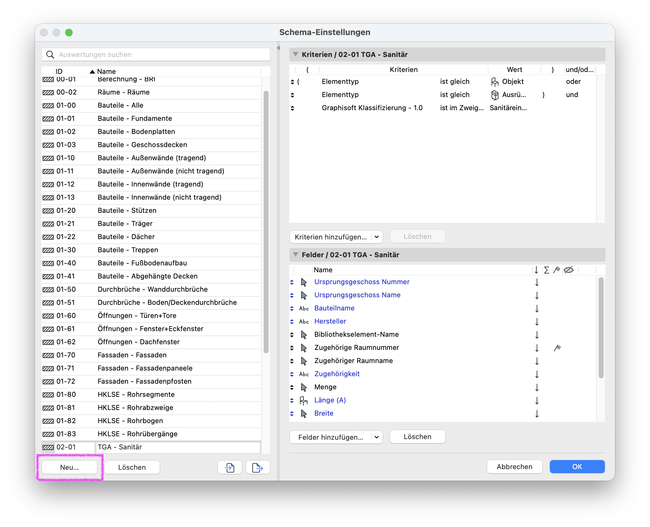 Dialog Schema‑Einstellungen mit einer Liste von Auswertungen links, in der Zeile 02‑01 TGA – Sanitär ausgewählt ist, rechts oben die zugehörigen Kriterien mit Bezug auf Elementtyp und Graphisoft Klassifizierung – 1.0, darunter die Felderliste für dieses Schema sowie unten links die Schaltfläche Neu… und unten rechts OK.