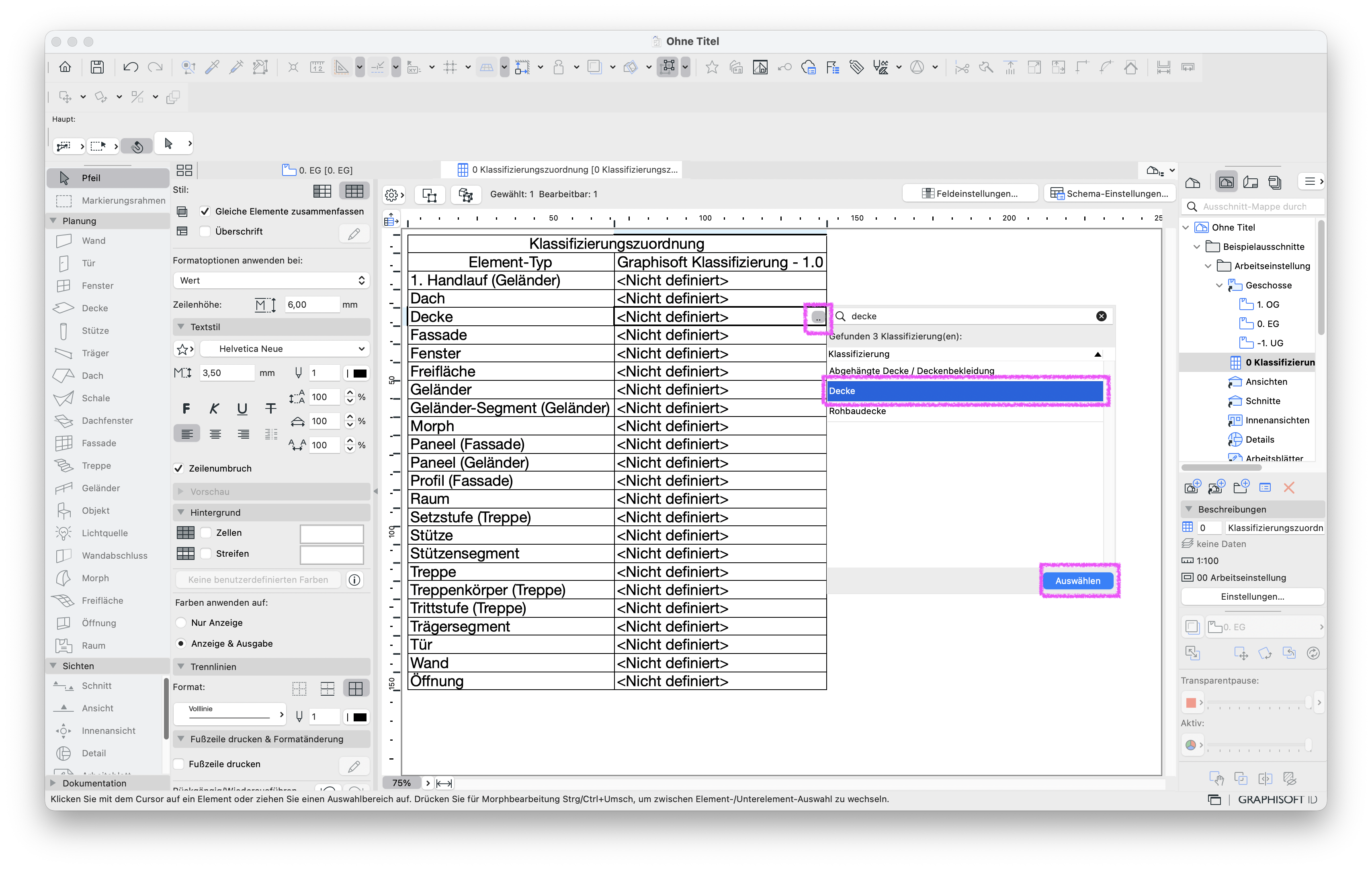 Arbeitsblatt mit der Auswertung Klassifizierungszuordnung, in der für den Element‑Typ Decke in der Spalte Graphisoft Klassifizierung – 1.0 das Suchsymbol geöffnet ist und im Popup die Klassifizierung Decke ausgewählt wird, darunter die Schaltfläche Auswählen zum Übernehmen der gewählten Klassifizierung.