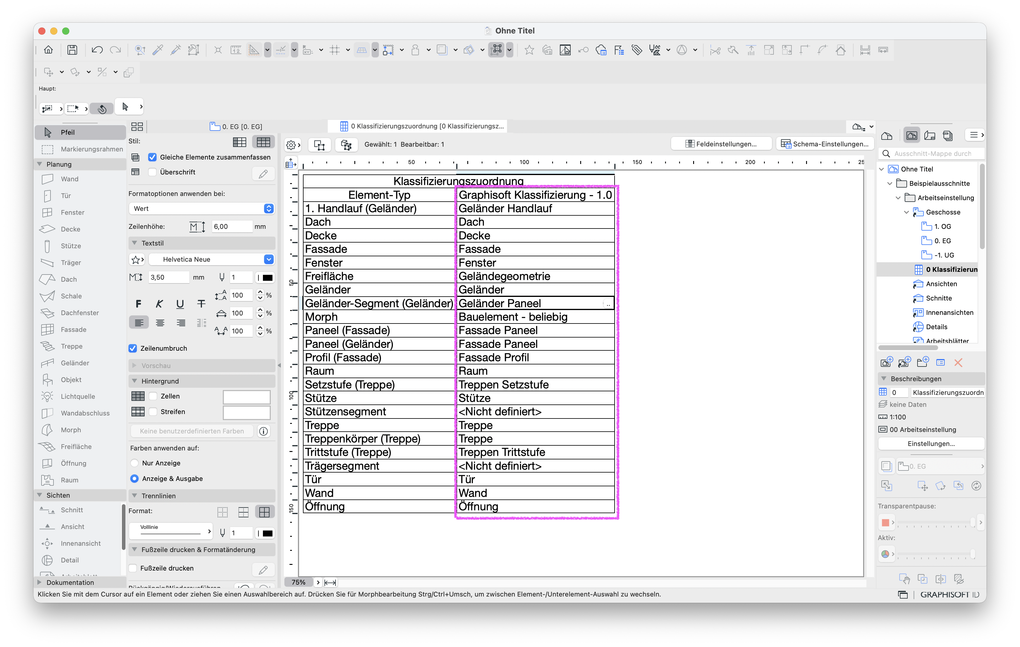 Auswertung mit der Tabelle Klassifizierungszuordnung, in der nun für nahezu alle Element‑Typen in der Spalte Graphisoft Klassifizierung – 1.0 passende Klassifizierungen wie Geländer Handlauf, Dach, Decke, Fassade, Fenster, Stütze, Treppen Trittstufe oder Öffnung eingetragen sind, sodass nur noch wenige Einträge als <Nicht definiert> erscheinen.