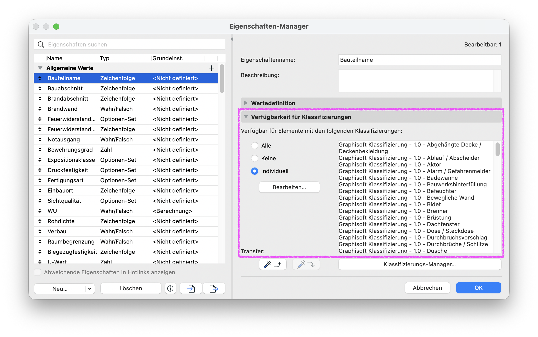 Dialog Eigenschaften‑Manager mit ausgewählter Eigenschaft Bauteilname, rechts der Bereich Verfügbarkeit für Klassifizierungen mit aktivierter Option Individuell und einer Liste von Klassifizierungen wie Graphisoft Klassifizierung – 1.0 – Abgehängte Decke / Deckenbekleidung, Aktor, Alarm / Gefahrenmelder usw.