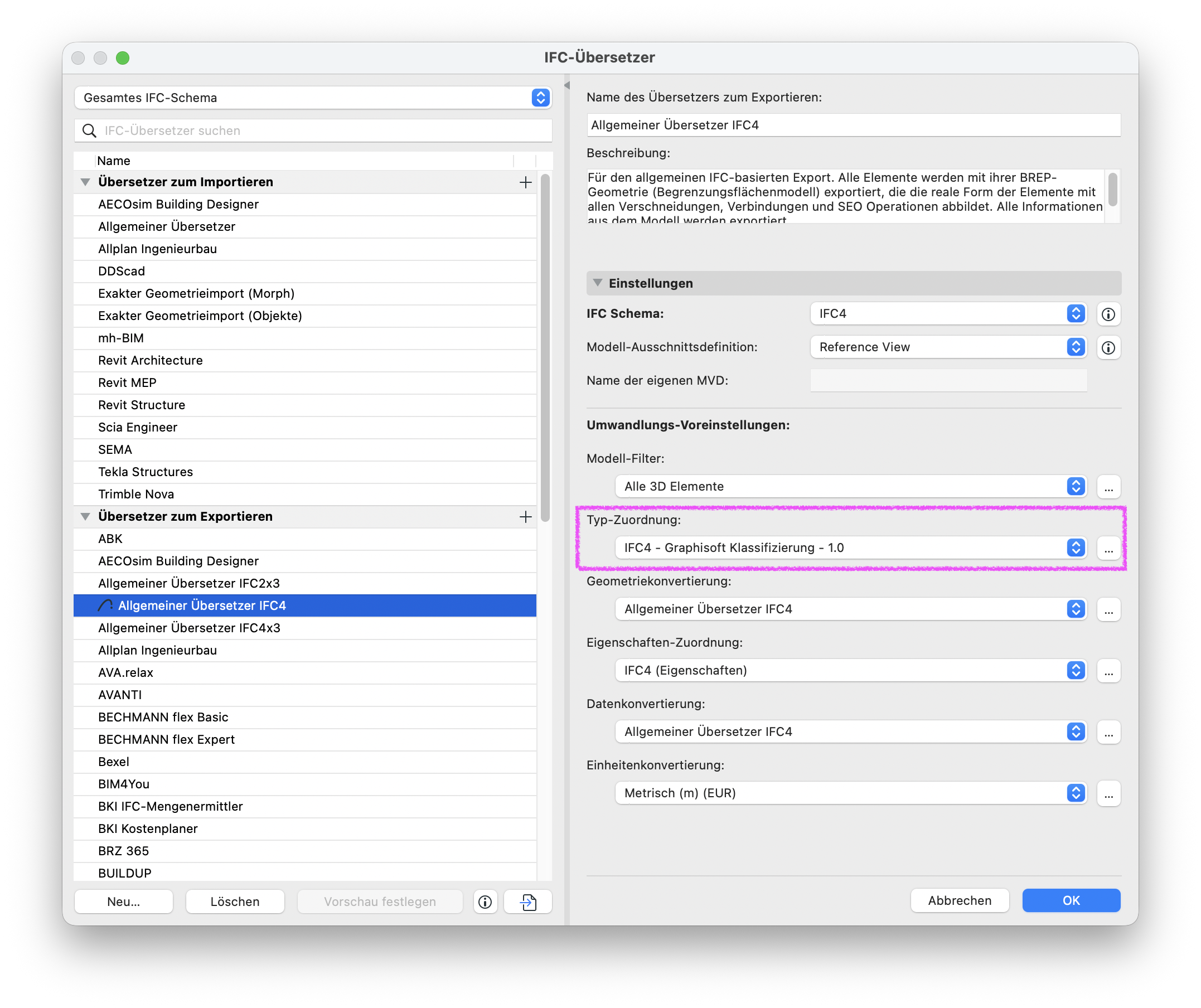 Dialog IFC‑Übersetzer mit ausgewähltem Eintrag Allgemeiner Übersetzer IFC4 im Bereich Übersetzer zum Exportieren, rechts die Einstellungen für diesen Übersetzer und darin unter Typ‑Zuordnung die Option IFC4 – Graphisoft Klassifizierung – 1.0 als aktive Typzuordnung.
