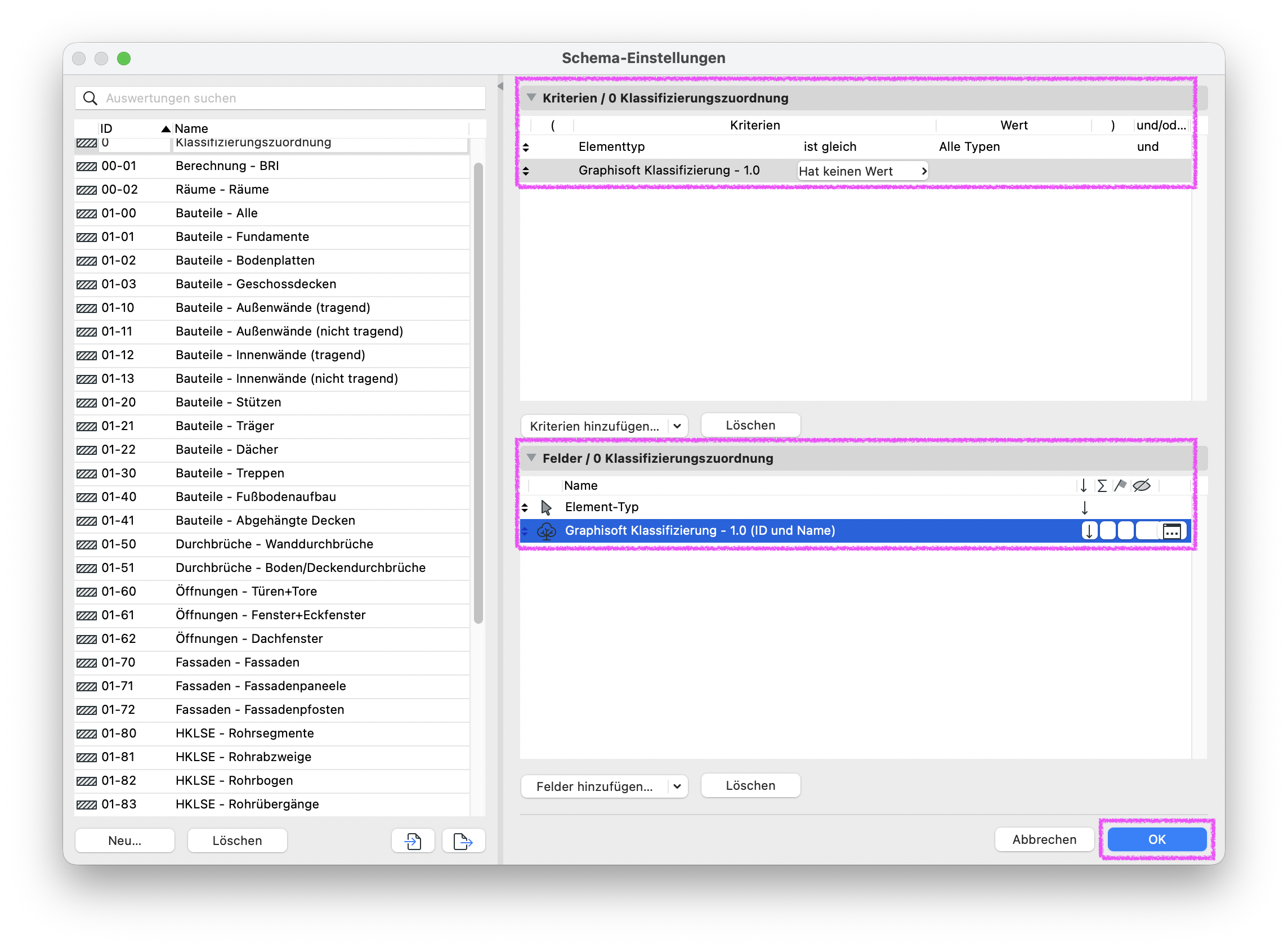 Dialog Schema‑Einstellungen mit der neuen Auswertung 0 Klassifizierungszuordnung in der linken Liste, rechts oben den Kriterien Elementtyp ist gleich Alle Typen und Graphisoft Klassifizierung – 1.0 hat keinen Wert, darunter im Bereich Felder die Einträge Element‑Typ und Graphisoft Klassifizierung – 1.0 (ID und Name) sowie unten rechts die Schaltfläche OK.