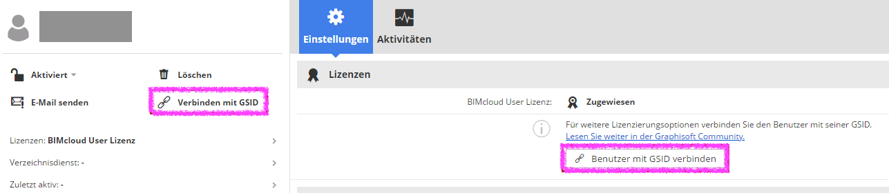 Bereich ‚Nutzer und Gruppen‘ mit markierter Option ‚Benutzer mit GSID verbinden‘ und "Benutzer mit GSID verbinden".