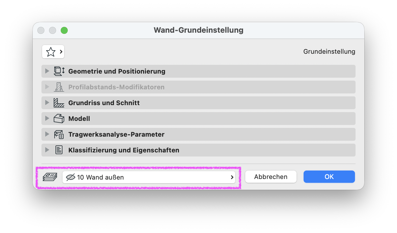 Dialog&nbsp;Wand‑Grundeinstellung&nbsp;mit eingeklappten Bereichen wie&nbsp;Geometrie und Positionierung,&nbsp;Grundriss und Schnitt,&nbsp;Modell&nbsp;sowie&nbsp;Klassifizierung und Eigenschaften, unten die Ebenen mit aktiver, aber nicht sichbaren Ebene "10 Wand außen"&nbsp;und rechts die Schaltflächen&nbsp;Abbrechen&nbsp;und&nbsp;OK.