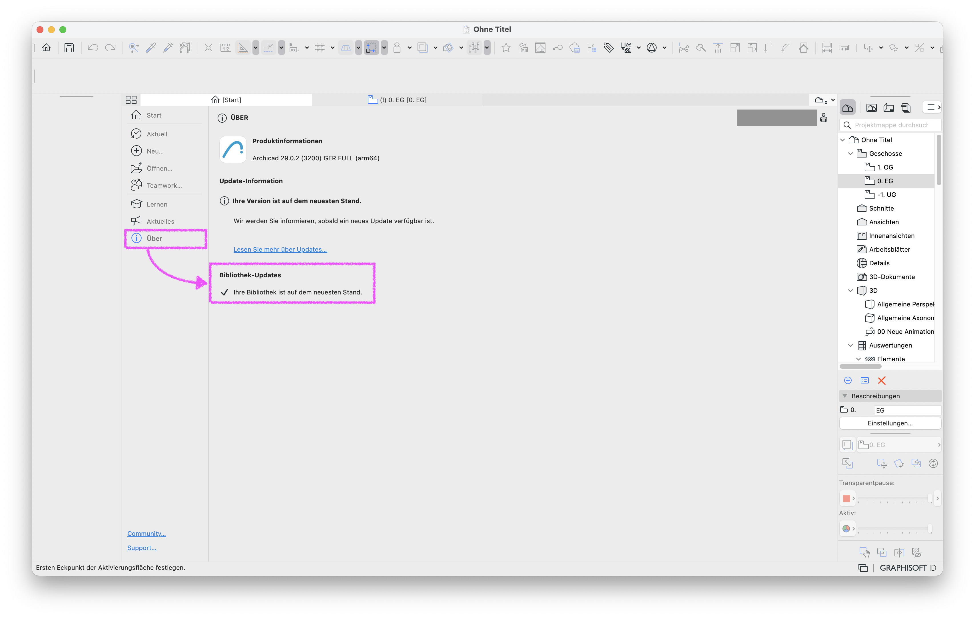 Start‑Dialog mit Registerkarte Über, der Produktinformationen zu Version Archicad 29.0.2 (3200) GER FULL (arm64) zeigt und im Abschnitt Bibliothek‑Updates die Meldung Ihre Bibliothek ist auf dem neuesten Stand.
