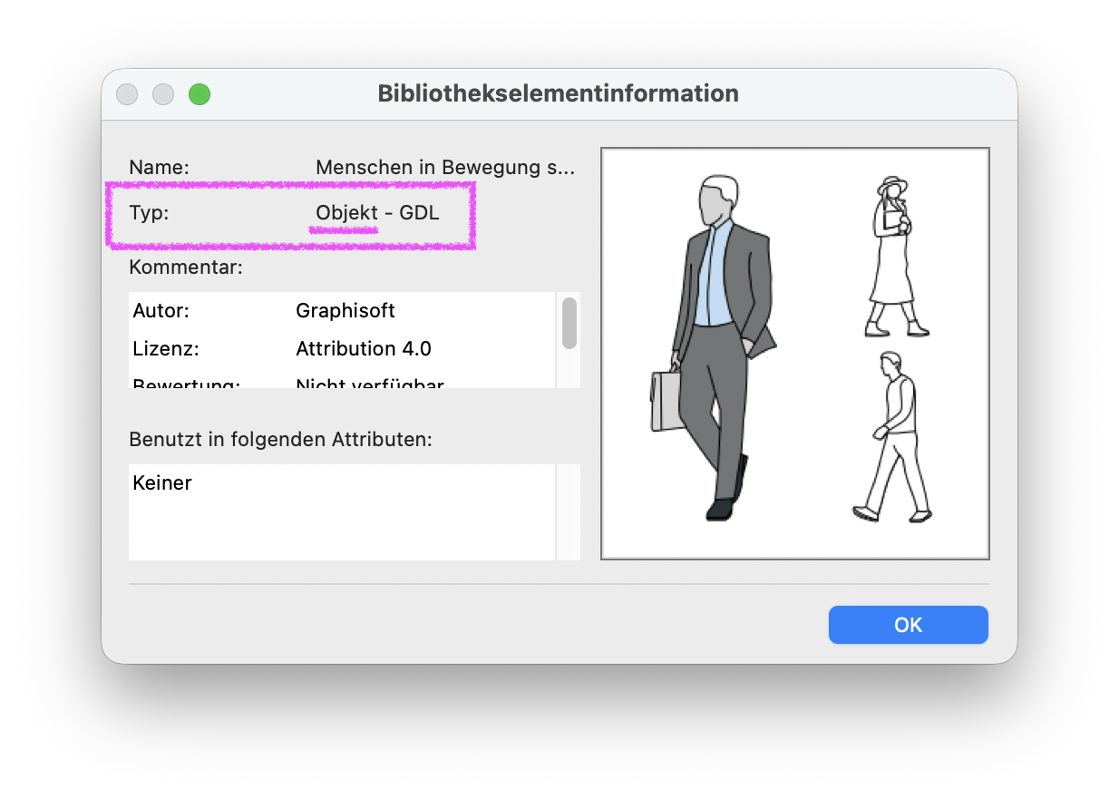 Dialog Bibliothekselementinformation für das Objekt Menschen in Bewegung s…, in dem unter Typ der Eintrag Objekt – GDL angezeigt wird, rechts eine Vorschau mit mehreren symbolischen Personenfiguren und unten die Schaltfläche OK.