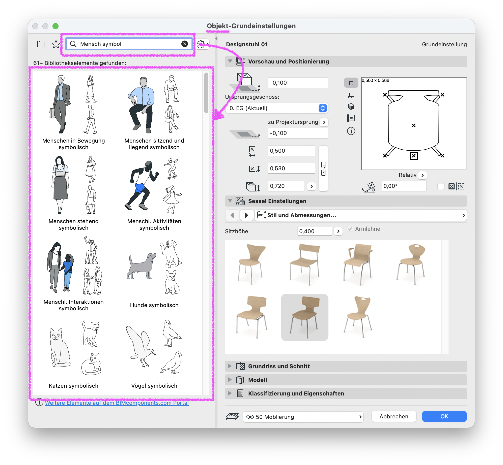 Dialog Objekt‑Grundeinstellungen für Designstuhl 01, links im Suchfeld der Begriff Mensch symbol mit einer Vorschau‑Liste symbolischer Menschenobjekte wie Menschen in Bewegung symbolisch, Menschen sitzend und liegend symbolisch, Menschen stehend symbolisch, Menschl. Aktivitäten symbolisch, Menschl. Interaktionen symbolisch, Hunde symbolisch, Katzen symbolisch und Vögel symbolisch.