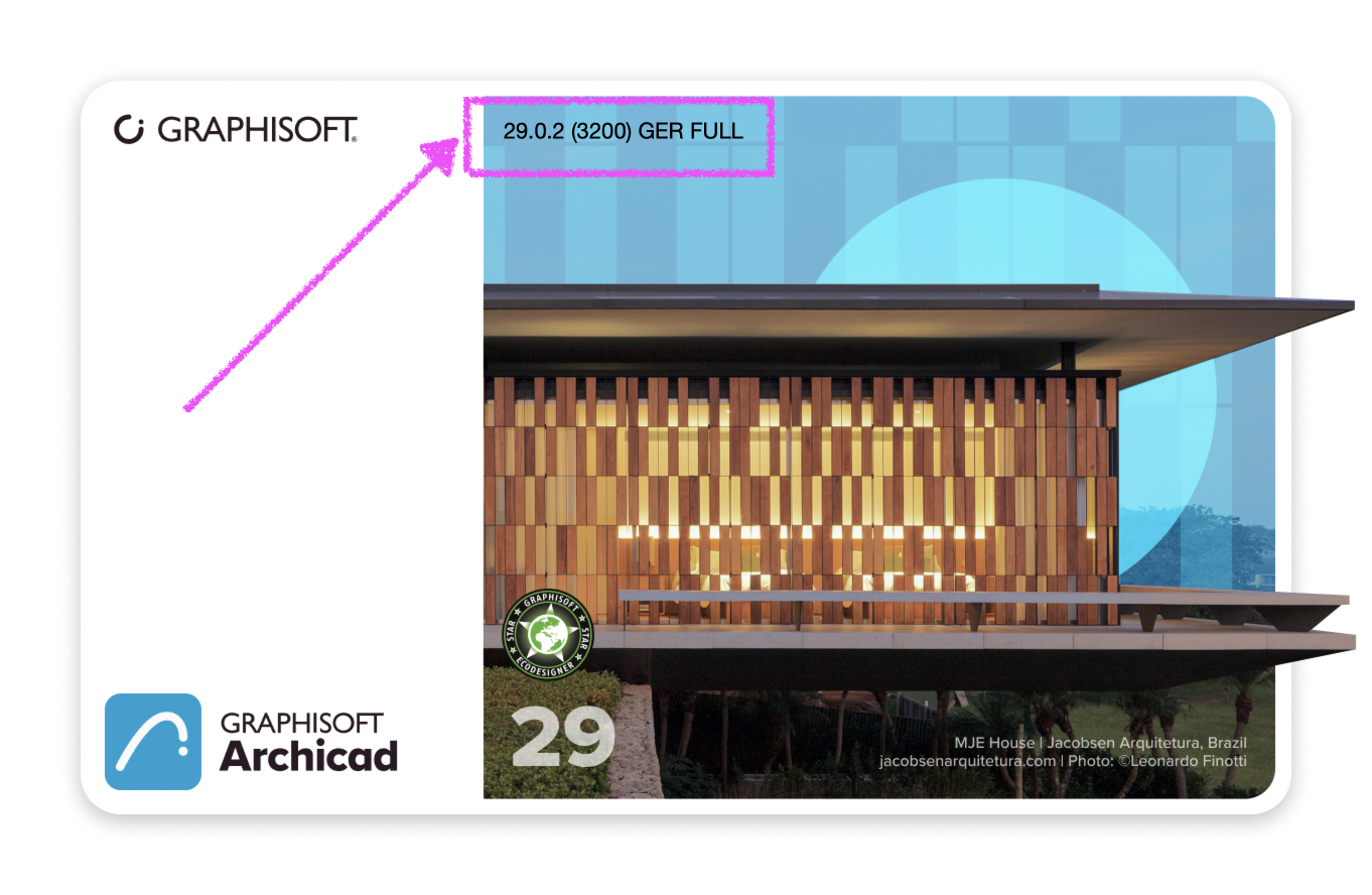 Startbildschirm mit Produktgrafik, oben rechts im markierten Bereich steht die Versionsangabe 29.0.2 (3200) GER FULL für die gezeigte Archicad‑Installation.