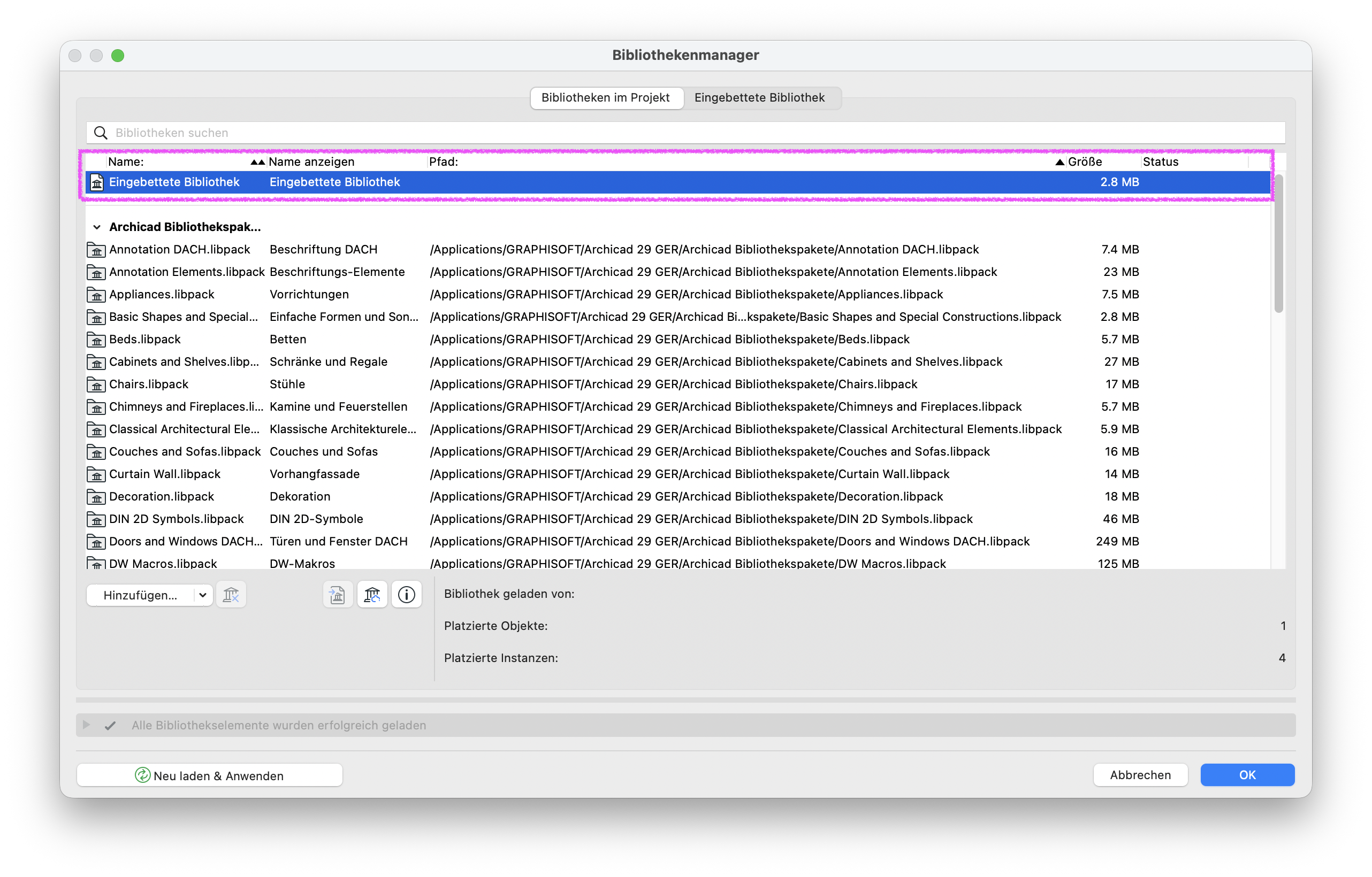 Dialog Bibliothekenmanager mit der Registerkarte Bibliotheken im Projekt, oben ist die Zeile Eingebettete Bibliothek markiert die als Pfad ebenfalls Eingebettete Bibliothek und als Größe 2.8 MB anzeigt während darunter die standardmäßigen Archicad Bibliothekspakete mit ihren .libpack‑Dateien gelistet sind.