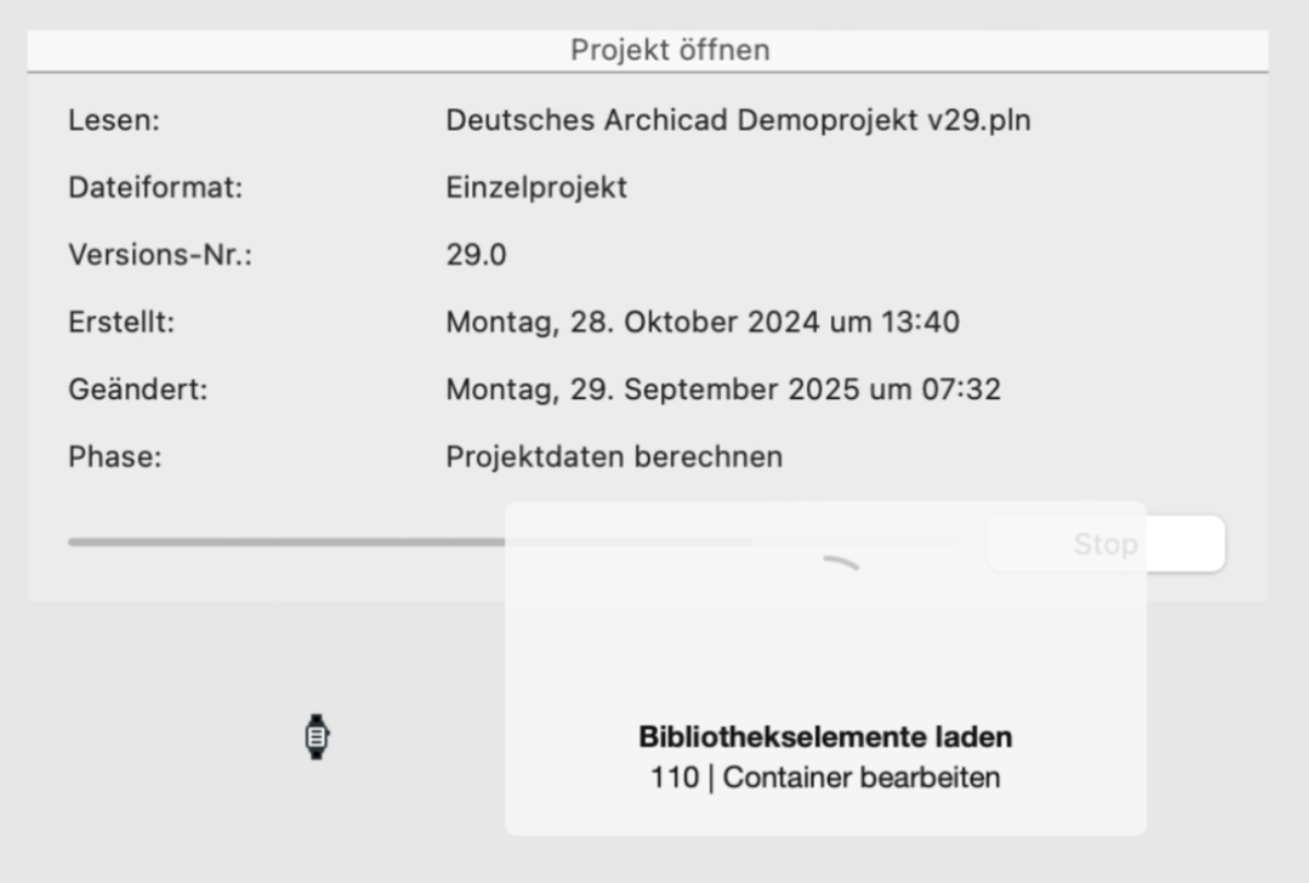 Dialog Projekt öffnen mit Informationen zur Datei Deutsches Archicad Demoprojekt v29.pln einschließlich Dateiformat: Einzelprojekt, Versions‑Nr.: 29.0, Erstell‑ und Änderungsdatum sowie unten ein Fortschrittsbalken mit der Meldung Bibliothekselemente laden 110 | Container bearbeiten.