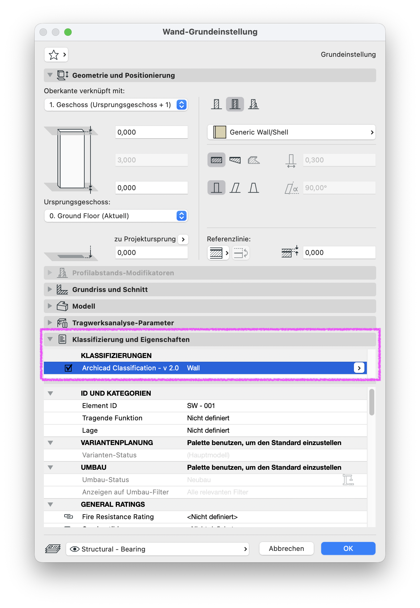 Dialog Wand‑Grundeinstellung mit geöffneter Gruppe Klassifizierung und Eigenschaften, darin ist unter KLASSIFIZIERUNGEN das System Archicad Classification – v 2.0 aktiviert und für die aktuelle Wand die Klassifizierung Wall gesetzt.