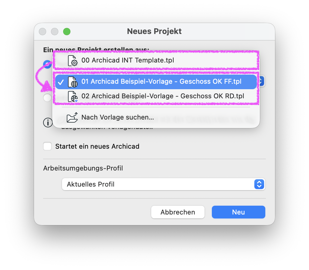 Dialog Neues Projekt, in der Auswahlliste Ein neues Projekt erstellen aus: ist die Vorlage 01 Archicad Beispiel‑Vorlage – Geschoss OK FF.tpl markiert, darüber und darunter stehen 00 Archicad INT Template.tpl sowie 02 Archicad Beispiel‑Vorlage – Geschoss OK RD.tpl.
