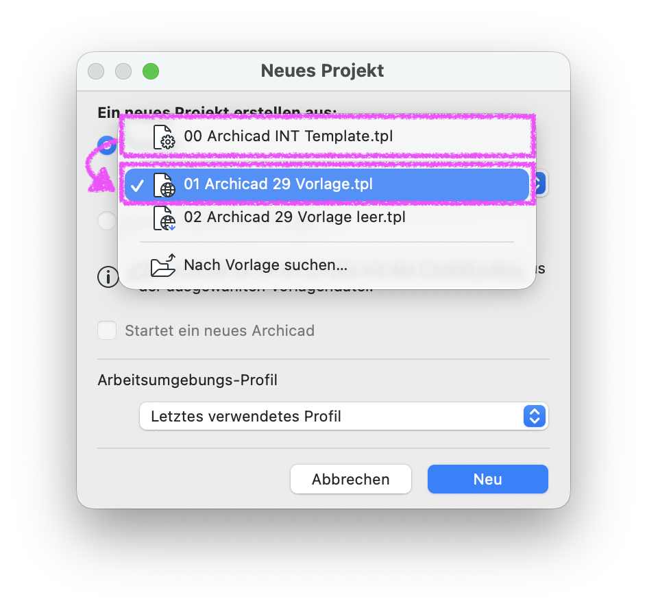Dialog Neues Projekt, in der Auswahlliste Ein neues Projekt erstellen aus: ist die Vorlage 01 Archicad 29 Vorlage.tpl markiert, darüber steht 00 Archicad INT Template.tpl und darunter 02 Archicad 29 Vorlage leer.tpl.
