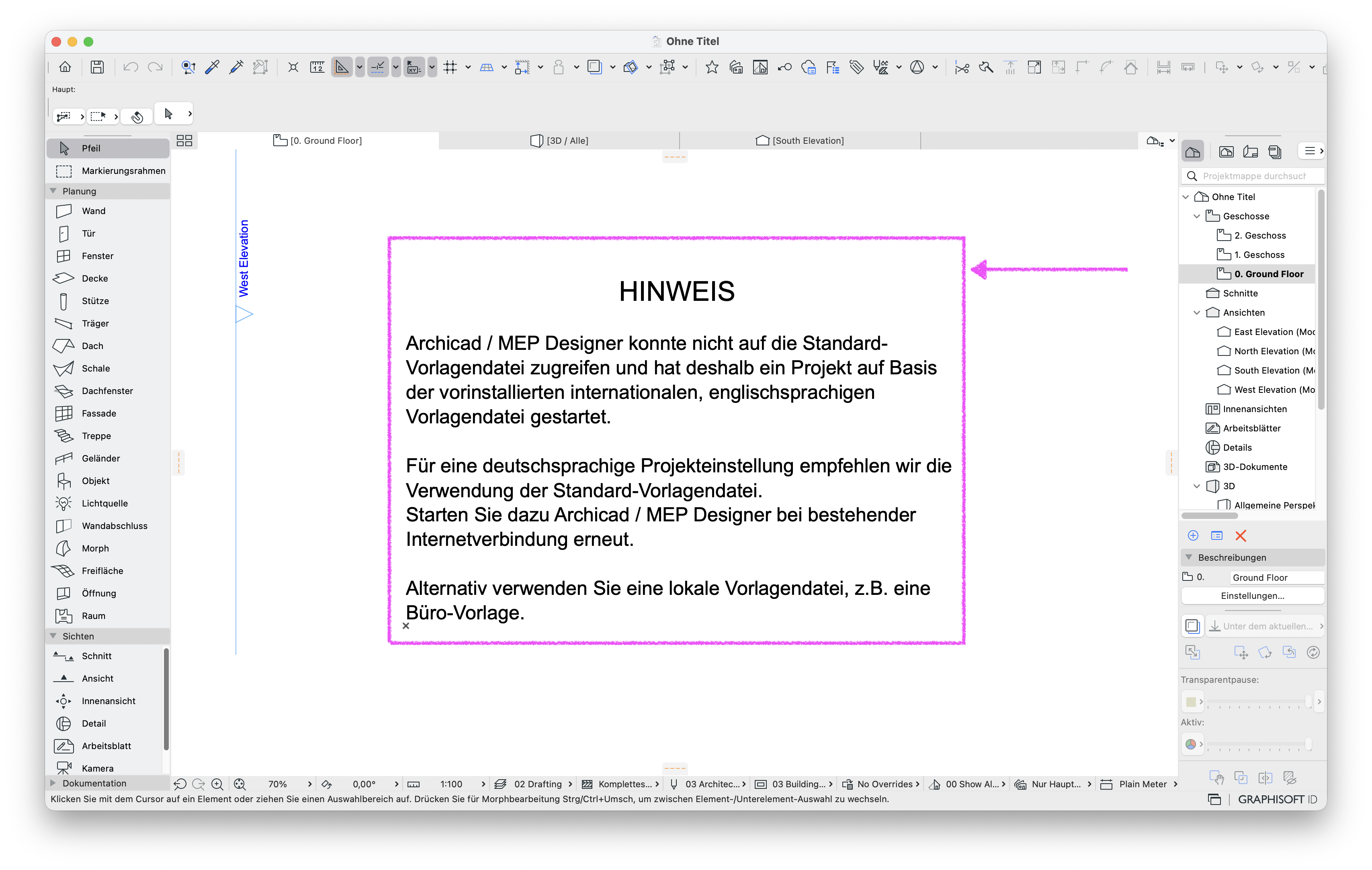 Grundrissfenster eines neuen Projekts, in der Mitte steht ein großer Textrahmen mit dem Titel HINWEIS der informiert dass Archicad / MEP Designer nicht auf die Standard‑Vorlagendatei zugreifen konnte und deshalb ein Projekt auf Basis der internationalen englischsprachigen Vorlage geöffnet wurde, mit dem Hinweis für deutschsprachige Projekte entweder nach Wiederherstellung der Internetverbindung mit der Standard‑Vorlage oder alternativ mit einer lokalen Büro‑Vorlage zu arbeiten.