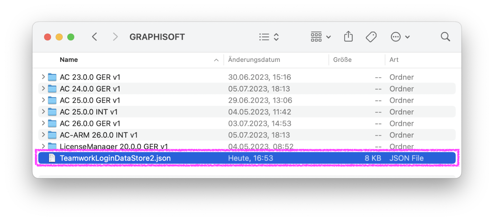 Finder‑Fenster mit dem Ordner GRAPHISOFT, darin befinden sich Unterordner für verschiedene Programmversionen wie AC 23.0.0 GER v1, AC 24.0.0 GER v1, AC 25.0.0 GER v1, AC 26.0.0 GER v1 und AC‑ARM 26.0.0 INT v1 sowie die Datei TeamworkLoginDataStore2.json die unten markiert ist.