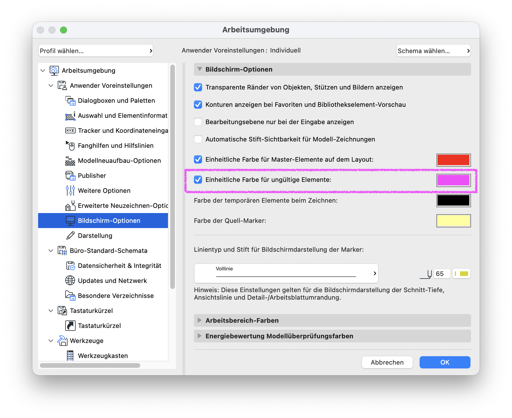Dialog Arbeitsumgebung mit gewählter Kategorie Bildschirm‑Optionen, rechts im Bereich Bildschirm‑Optionen ist die Option Einheitliche Farbe für ungültige Elemente aktiviert und daneben die violette Farbbox eingestellt die die Anzeige solcher ungültigen Elemente steuert.