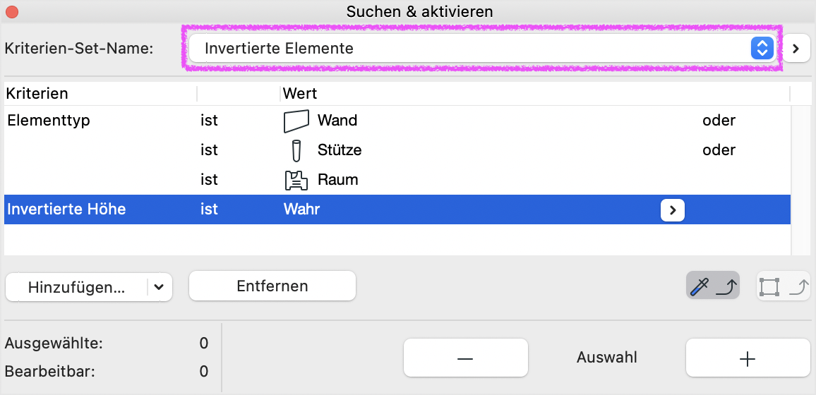 Dialog Suchen & aktivieren mit dem Kriterien‑Set‑Name Invertierte Elemente, in der Kriterienliste sind die Elementtypen Wand, Stütze und Raum definiert sowie die Bedingung Invertierte Höhe ist Wahr um invertierte Elemente im Projekt zu finden.