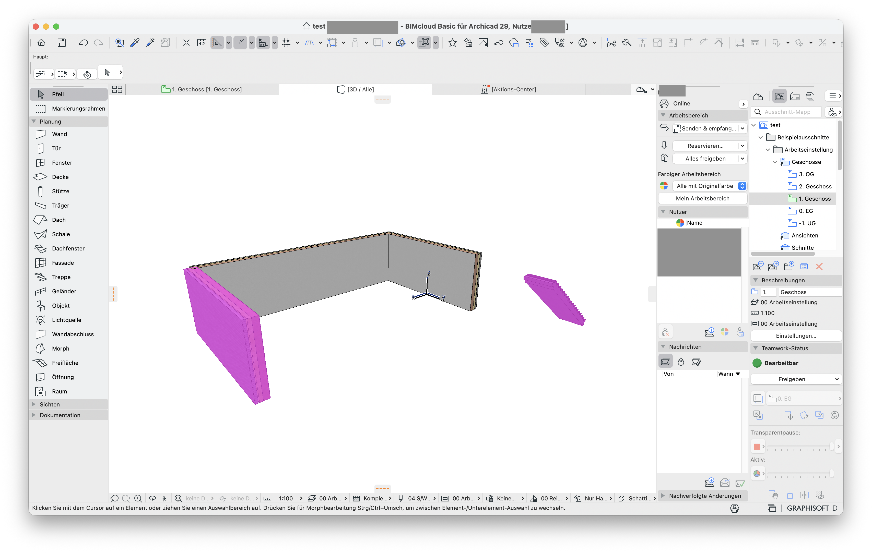 3D‑Fenster eines Teamwork‑Projekts, bestehend aus zwei verbundenen grauen Wänden und einem separaten pink markierter Wand, sowie einer pinken Treppe.