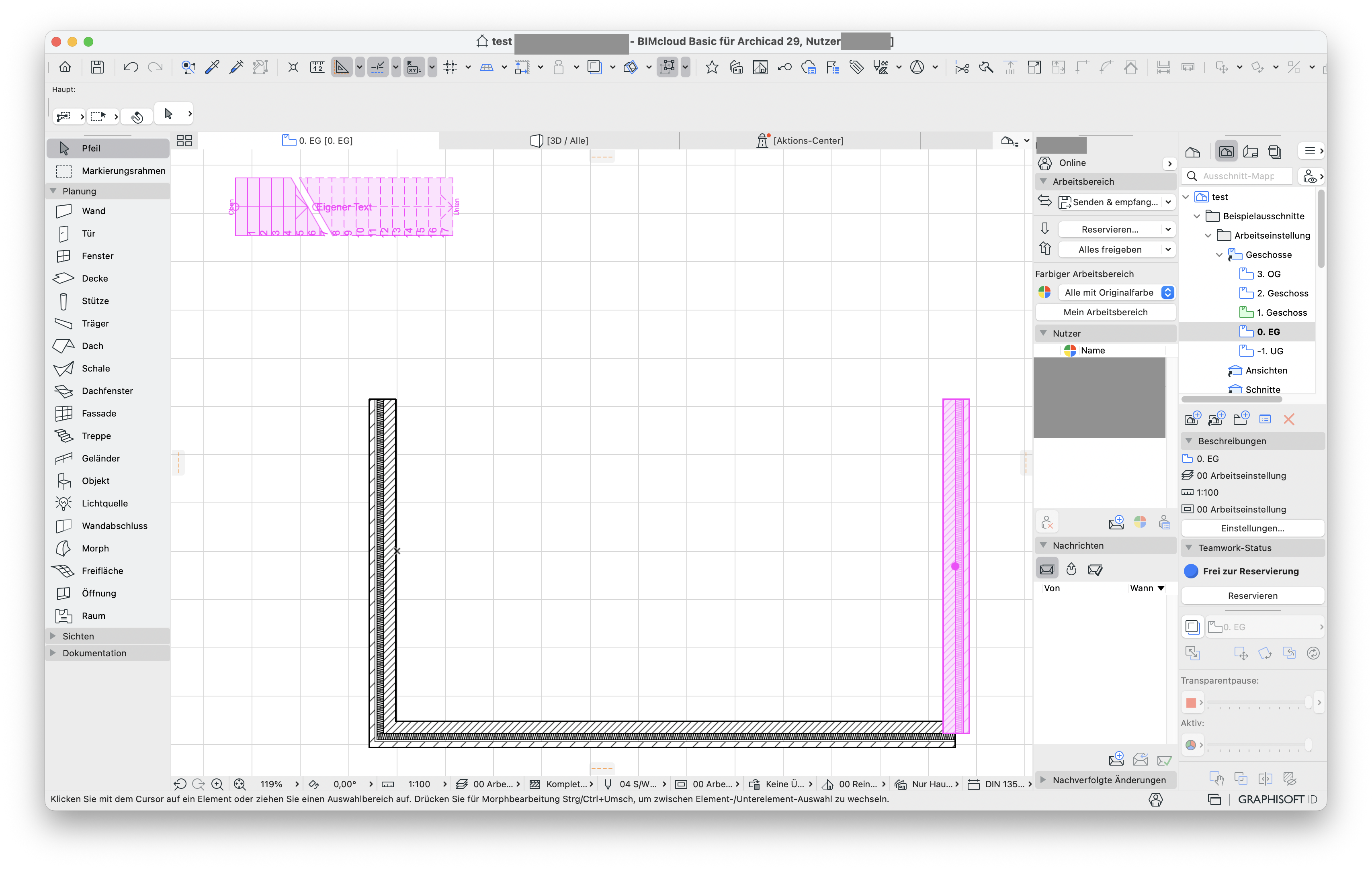 Grundrissdarstellung desselben BIMcloud‑Teamwork‑Projekts, unten ist ein L‑förmiger Wandzug mit Schraffur zu sehen und rechts eine einzelne pinke Wand, oben links liegt zusätzlich ein pink hervorgehobenes Treppen‑Element.