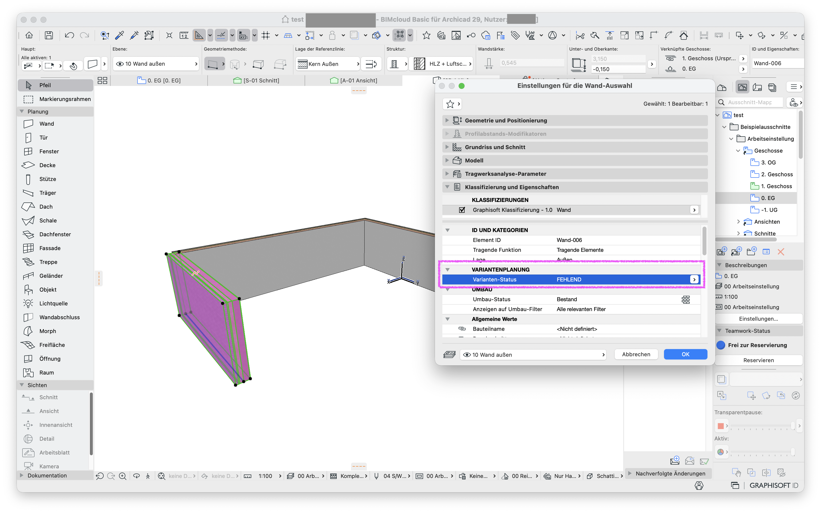 Dialog Einstellungen für die Wand‑Auswahl ist über einer 3D‑Ansicht geöffnet, im Bereich VARIANTENPLANUNG ist der Varianten‑Status der markierten Wand auf FEHLEND gesetzt was die Wand in der Modellansicht farblich hervorgehoben darstellt.