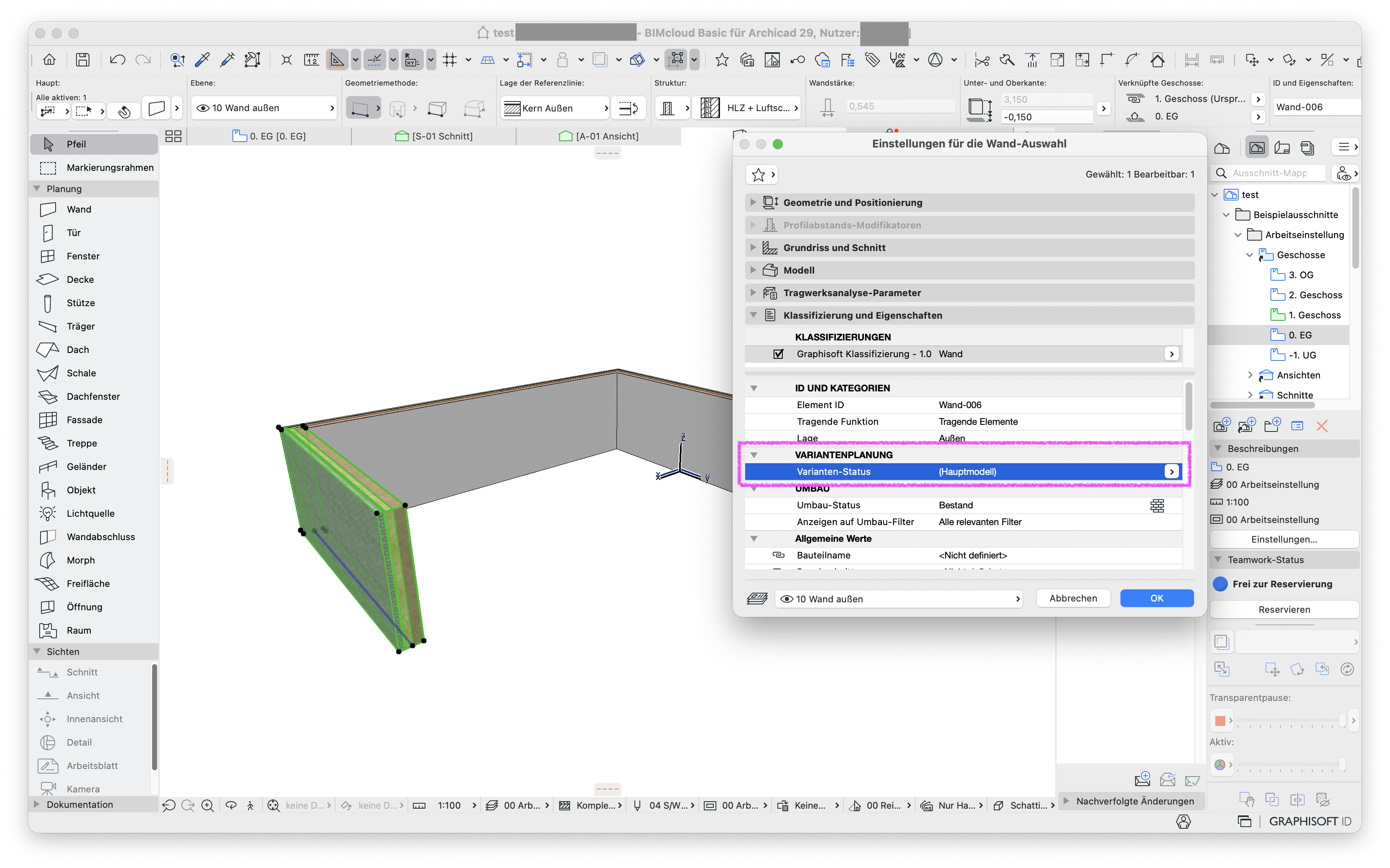 3D‑Ansicht mit einer markierten Wand, daneben ist der Dialog Einstellungen für die Wand‑Auswahl geöffnet in dem unter VARIANTENPLANUNG der Varianten‑Status der Wand auf (Hauptmodell) gesetzt ist wodurch sie wieder regulär dem Hauptmodell zugeordnet ist.