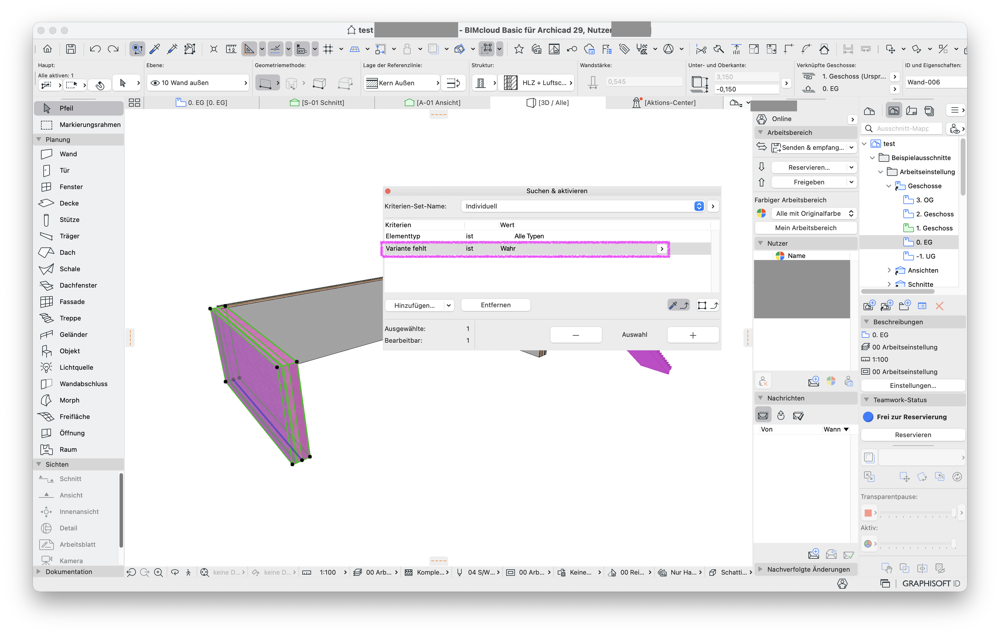 3D‑Fenster mit hervorgehobenen pinken Wandelementen, davor ist der Dialog Suchen & aktivieren geöffnet in dem das Kriterien‑Set Individuell mit den Kriterien Elementtyp ist Alle Typen und Variante fehlt ist Wahr definiert ist um alle Elemente mit Varianten‑Status Fehlt zu selektieren.