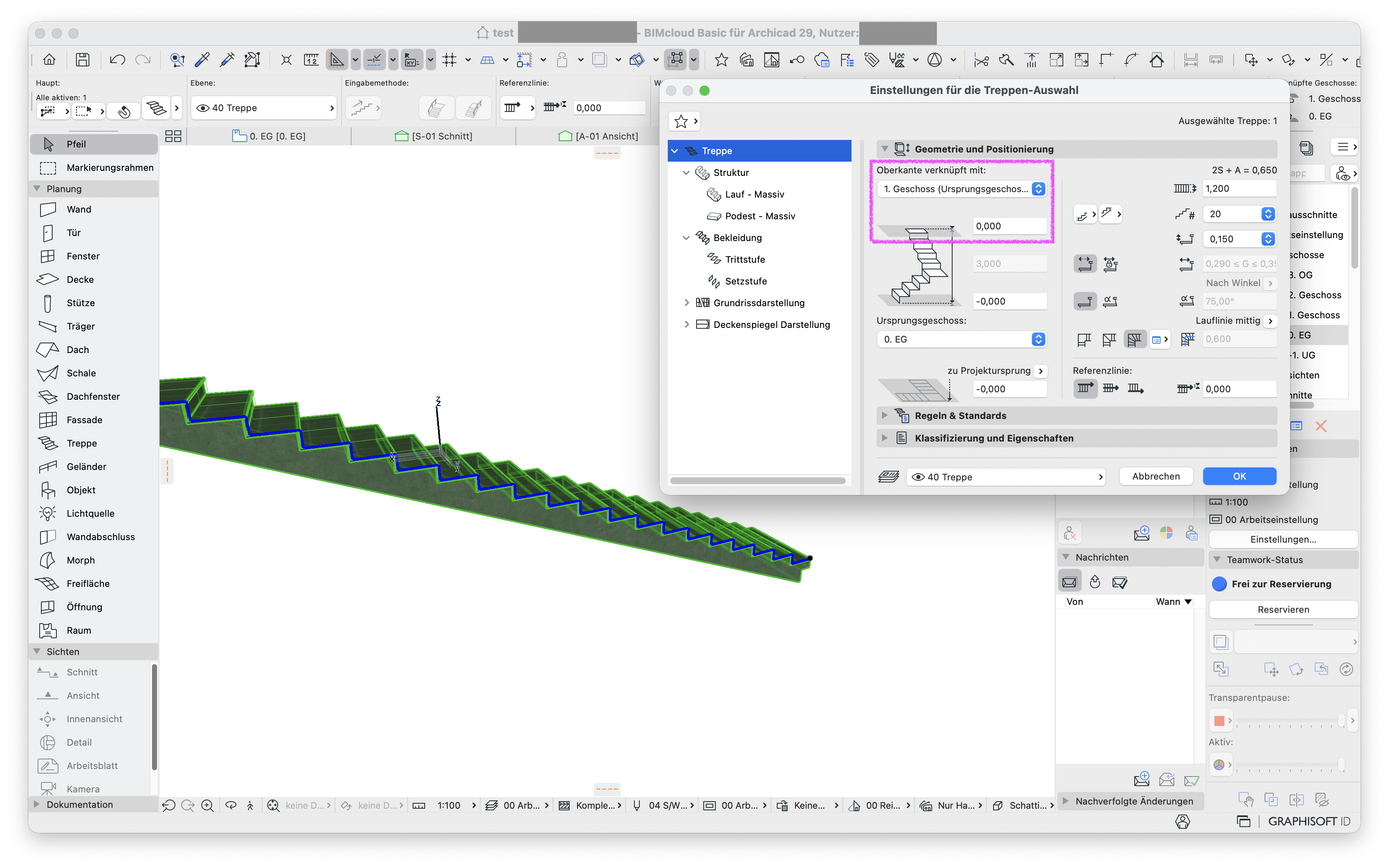 3D‑Ansicht mit einer grün markierten Treppe, im Dialog Einstellungen für die Treppen‑Auswahl ist unter Geometrie und Positionierung die Oberkante verknüpft mit 1. Geschoss (Ursprungsgeschoss …) und der Höhenwert 0,000 eingestellt sodass die Treppe korrekt an das erste Geschoss angebunden ist.