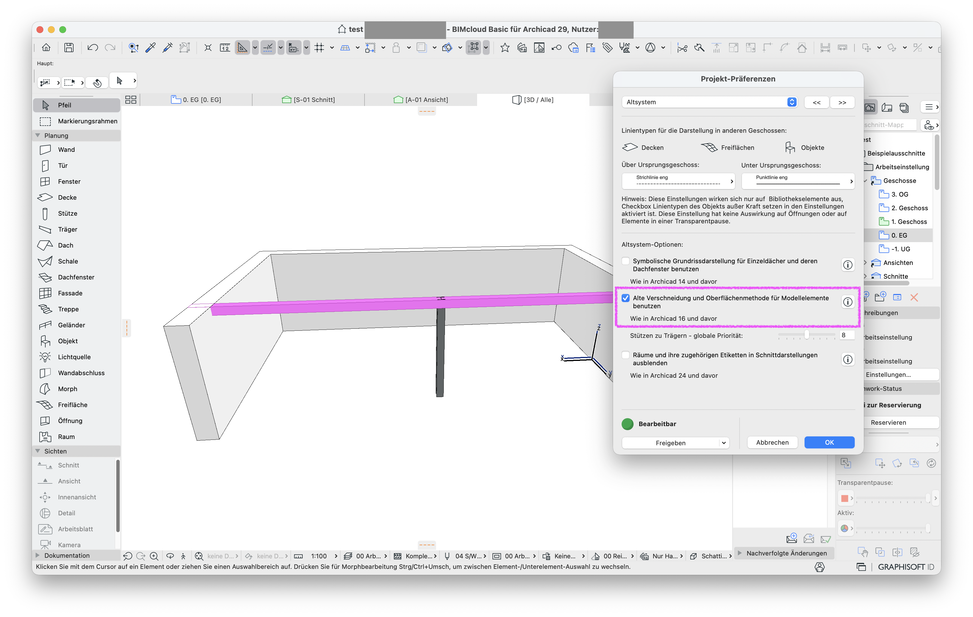 3D‑Ansicht mit Wänden und einem pink hervorgehobenen Träger, rechts ist der Dialog Projekt‑Präferenzen geöffnet in dem unter Altsystem‑Optionen die Option Alte Verschneidung und Oberflächenmethode für Modellelemente benutzen (Wie in Archicad 16 und davor) aktiviert ist wodurch die Darstellung und Verschneidung des Trägers nach älteren Regeln erfolgt.