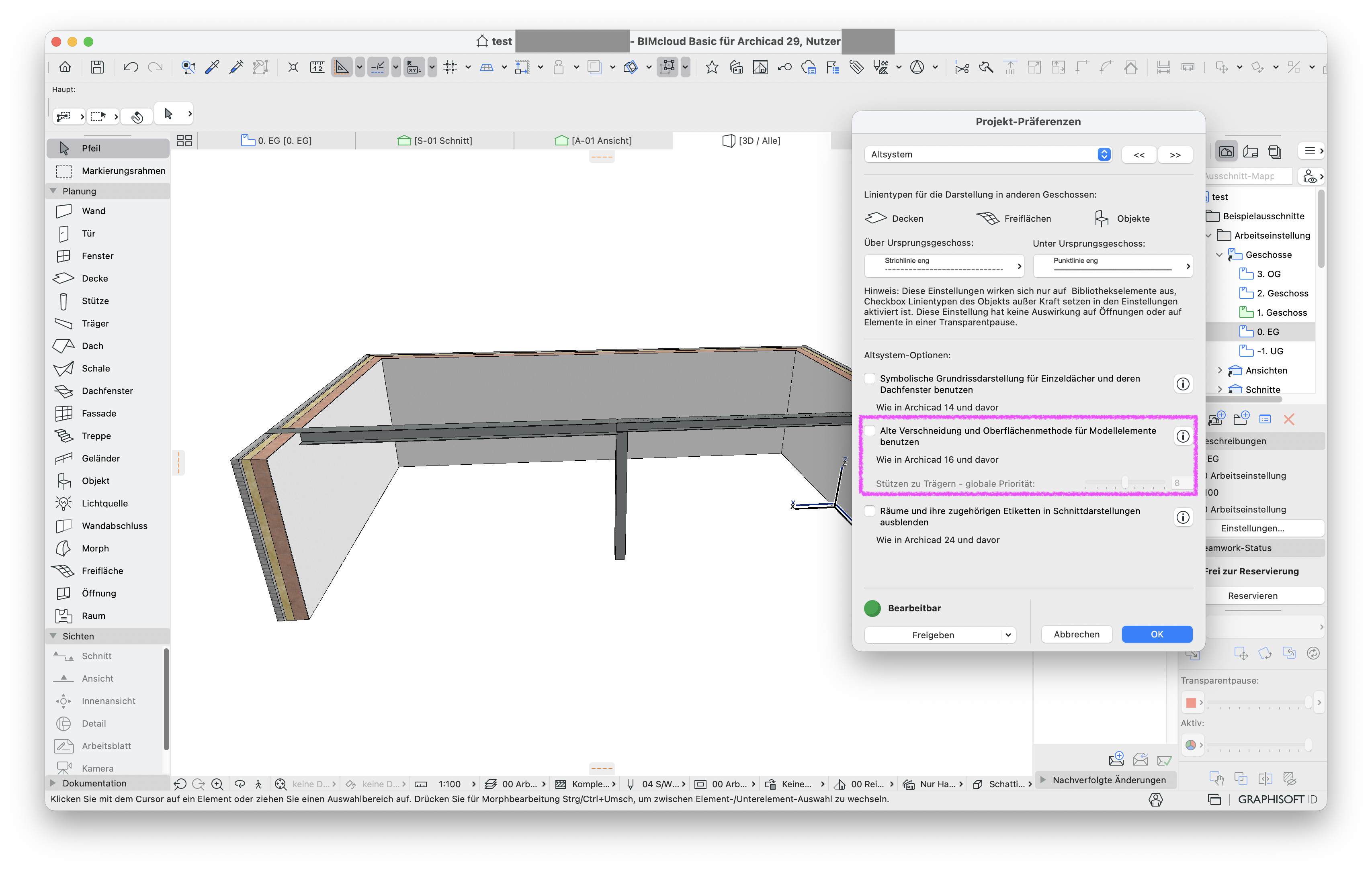 3D‑Ansicht mit einem modellierten Raum aus Wänden und Trägern, im rechts eingeblendeten Dialog&nbsp;Projekt‑Präferenzen&nbsp;ist weiterhin die Altsystem‑Option&nbsp;Alte Verschneidung und Oberflächenmethode für Modellelemente benutzen (Wie in Archicad 16 und davor)&nbsp;hervorgehoben, die die Schnitt‑ und Oberflächendarstellung der Bauteile steuert. Die Option ist jedoch jetzt deaktiviert.