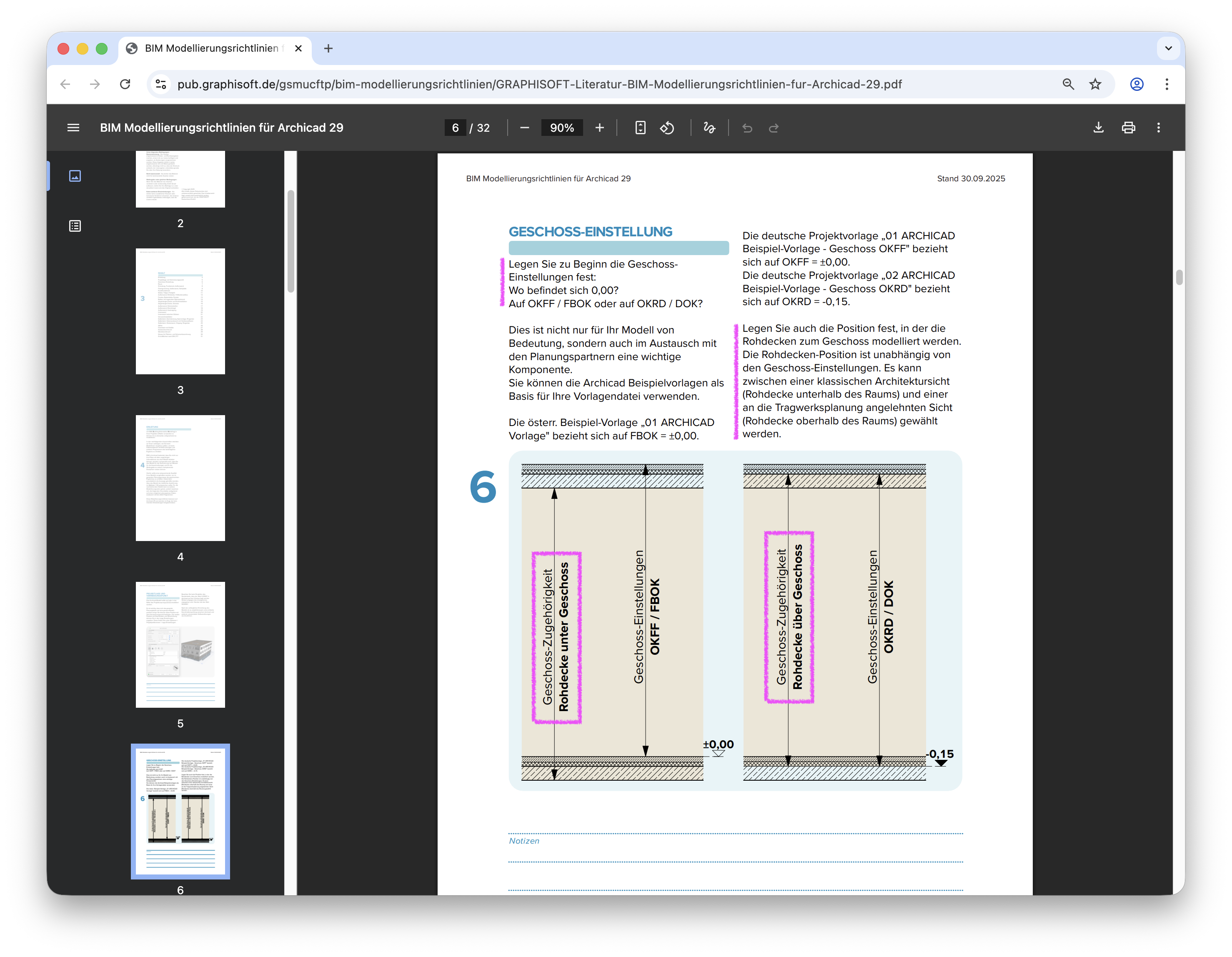 Browserfenster mit einem PDF‑Dokument BIM Modellierungsrichtlinien für Archicad 29 im integrierten Viewer, links ist die Seitenübersicht und rechts Seite 6 mit dem Kapitel GESCHOSS‑EINSTELLUNG und zwei schematischen Grafiken zur Geschosszuordnung der Rohdecke unter beziehungsweise über dem Geschoss zu sehen.